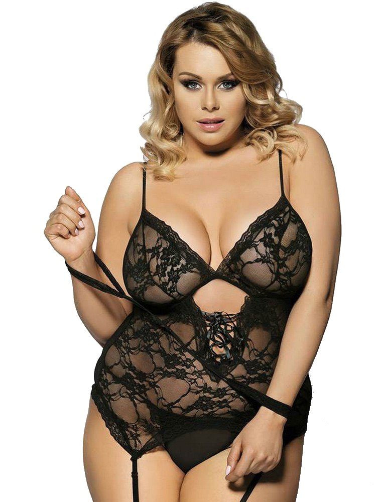 Lau-Fashion Negligé Spitze Dessous Schwarz Corsage Reizwäsche Strapshalter String L/XL