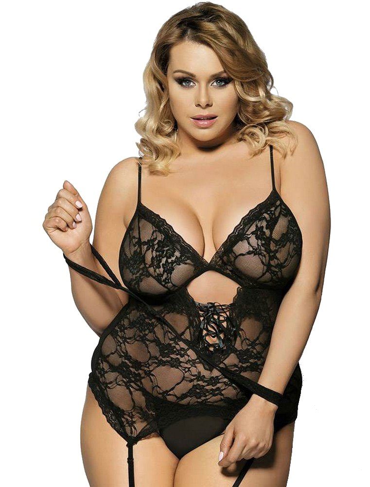 Lau-Fashion Negligé Spitze Dessous Schwarz Corsage Reizwäsche Strapshalter günstig online kaufen