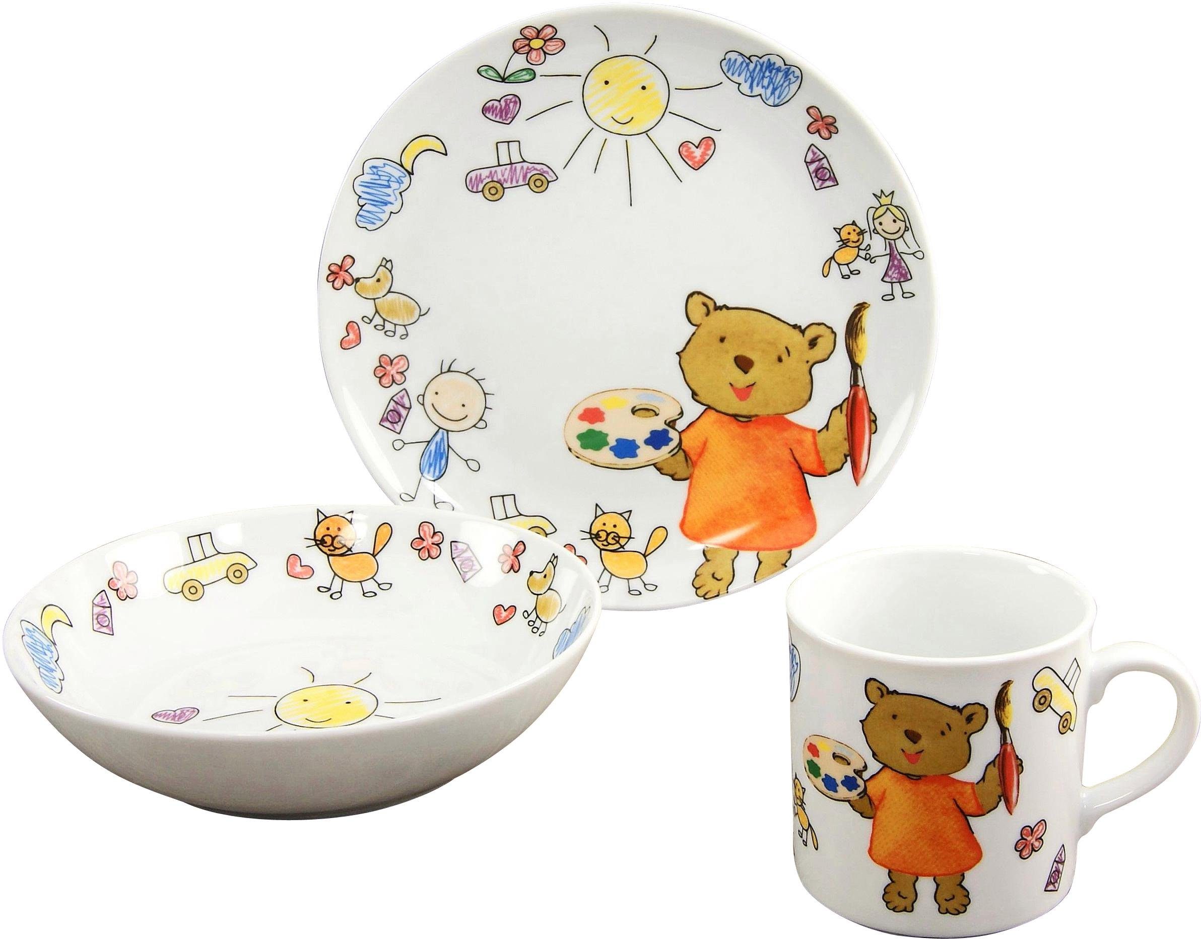 CreaTable Kindergeschirr-Set Teddy (3-tlg), 1 Personen, Porzellan, Made in Europe, 3 Teile, für 1 Person