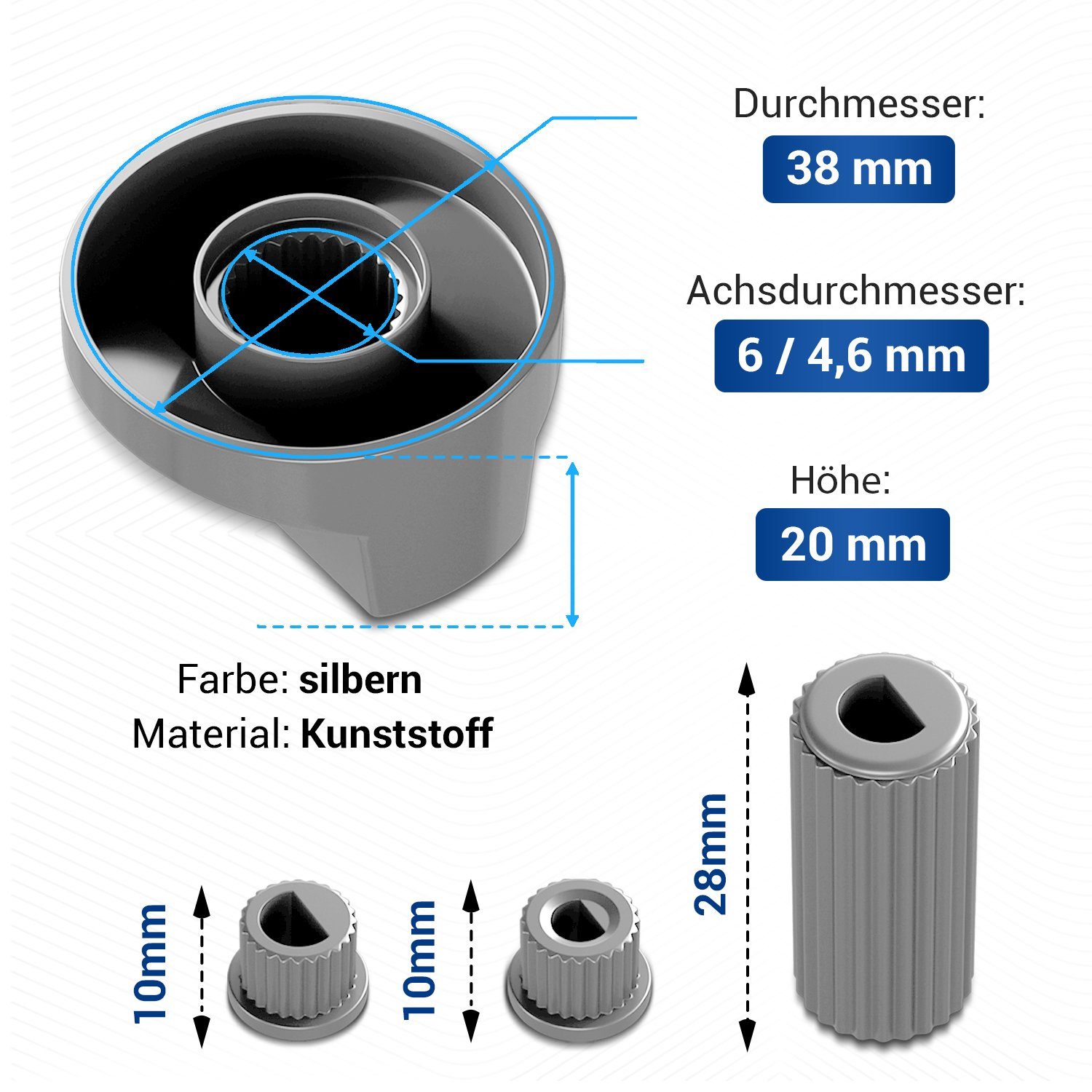 VIOKS Schalter Knebelset Drehschalter 38mmØ Silber, mit Adaptern 16-teilig für Kochfeld