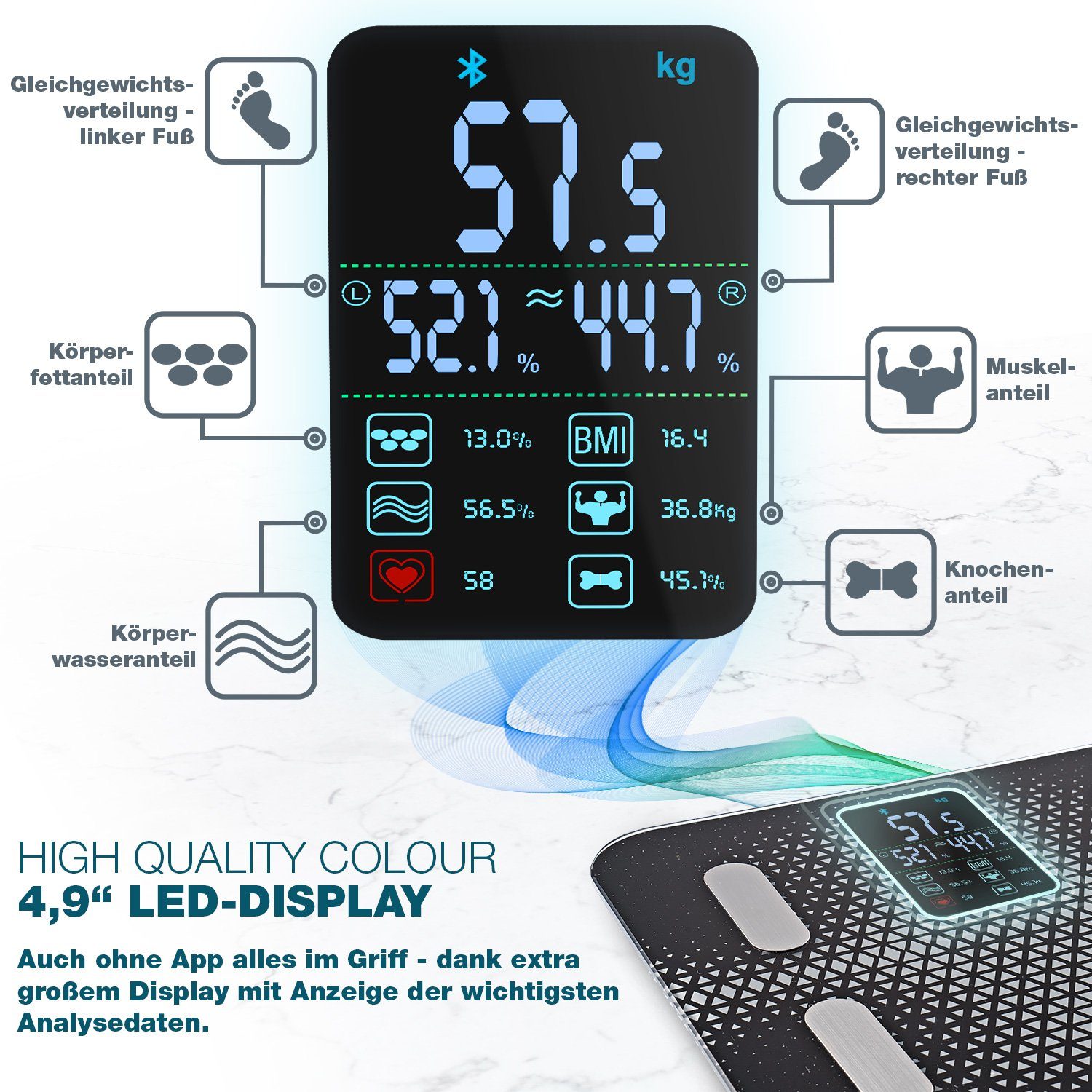Sportstech Personenwaage BBS300, Körperfett & Muskelmasseanalyse, Bluetooth – Bild 5 von 5