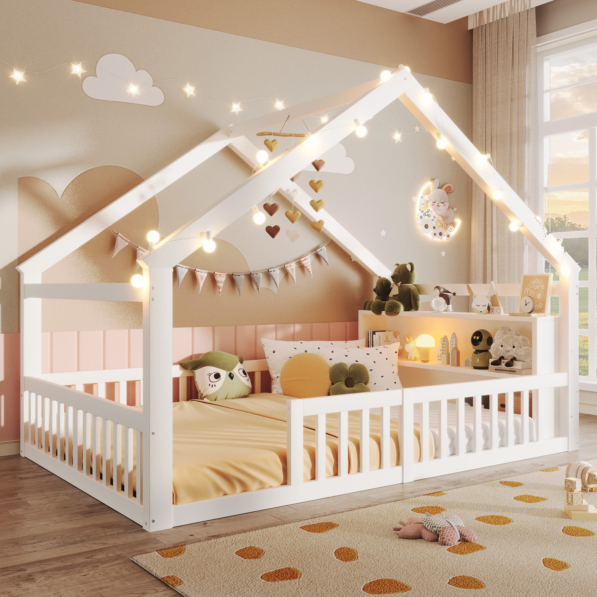 Merax Kinderbett in Hausform, Bodenbett mit integriertem Regal und Lampenleis (1-tlg), Kiefernholz Babybett Flachbett 90x190cm Hausbett mit Gitter & Ablage