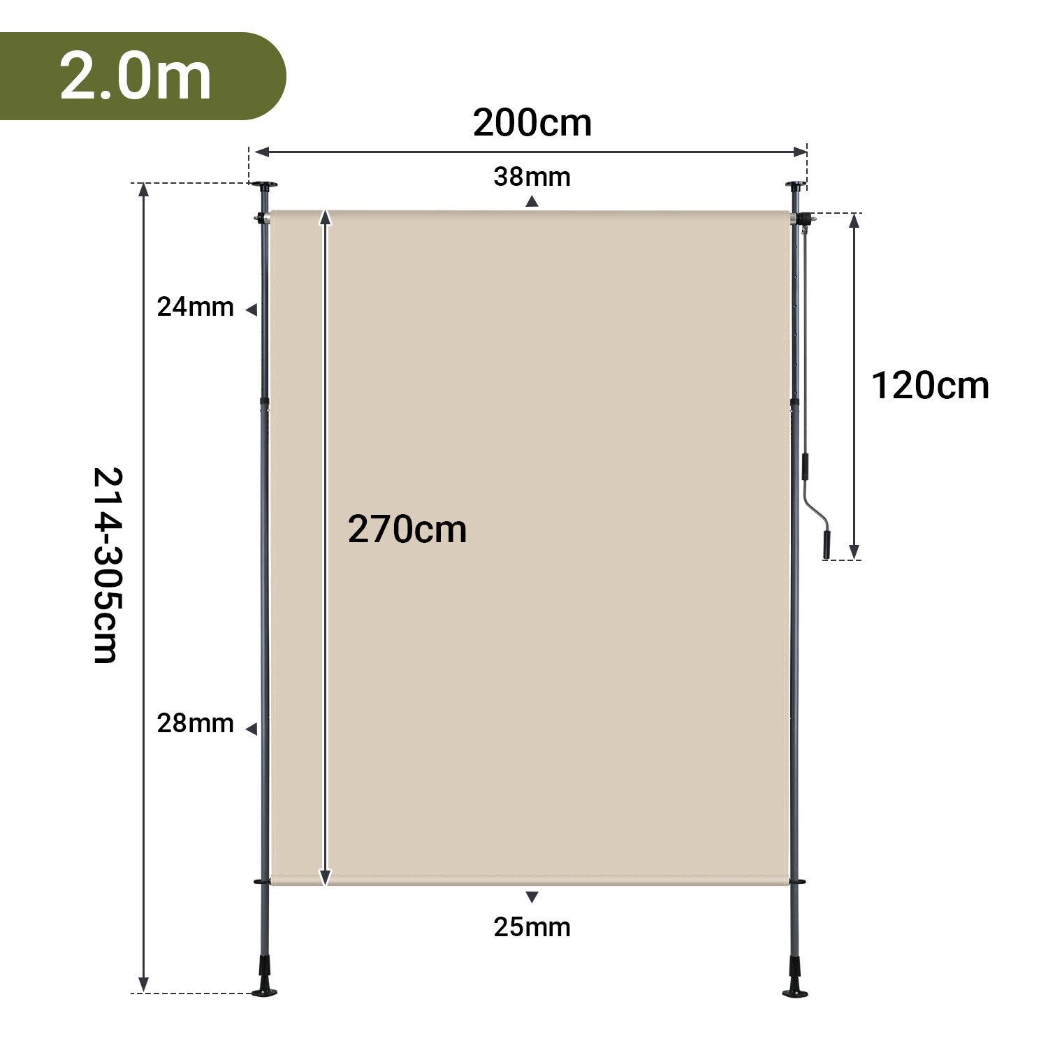 Clanmacy Senkrechtmarkise Klemmmarkise Außenrollo Balkon Sichtschutz Sonnenschutz mit Handkurbel ohne Bohren; mit Handkurbel; 120/150/200 x 270 cm