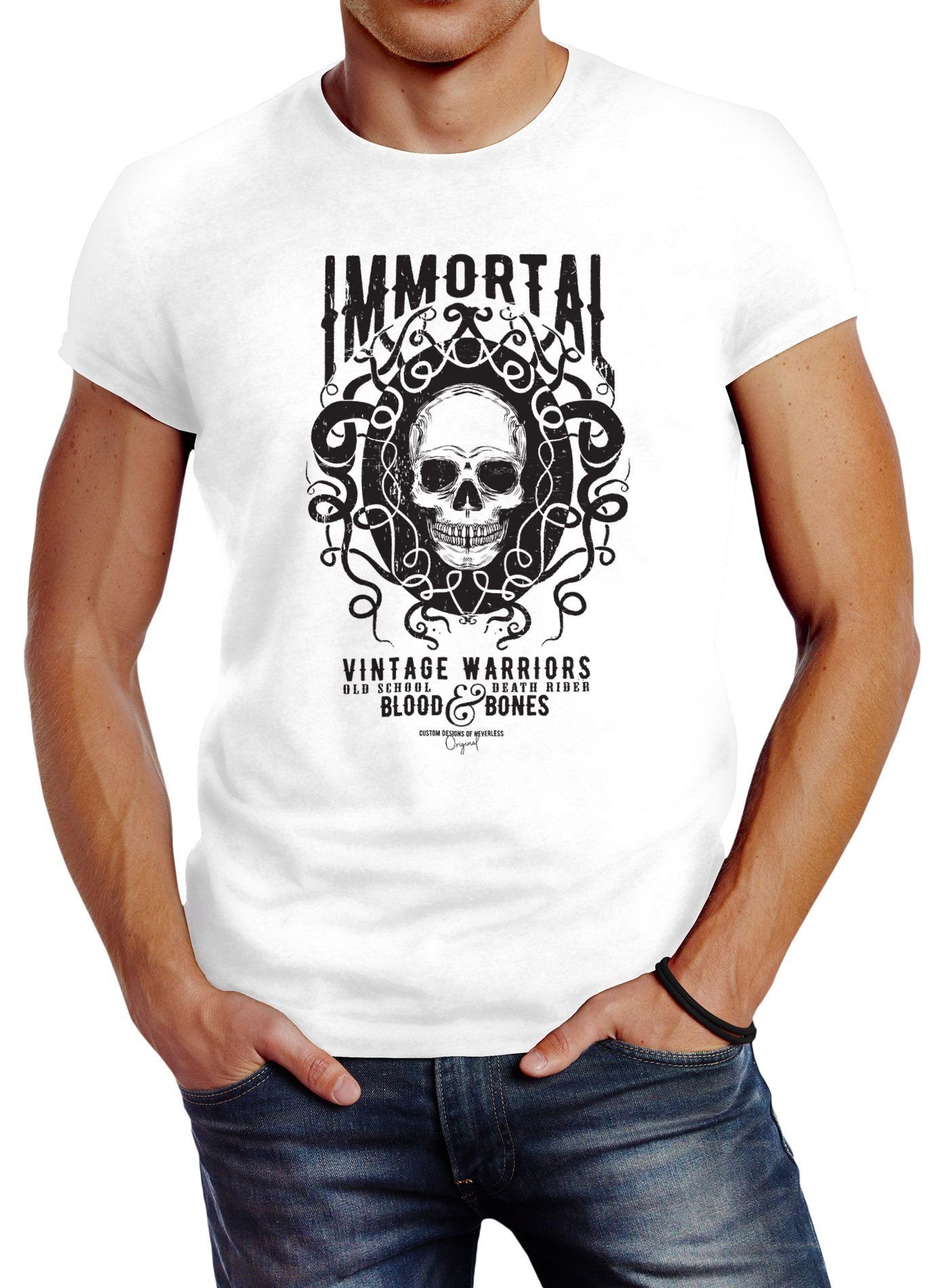 Neverless Print-Shirt Herren T-Shirt Totenkopf Immortal Skull Vintage Warriors Slim Fit Neverless® mit Print weiß