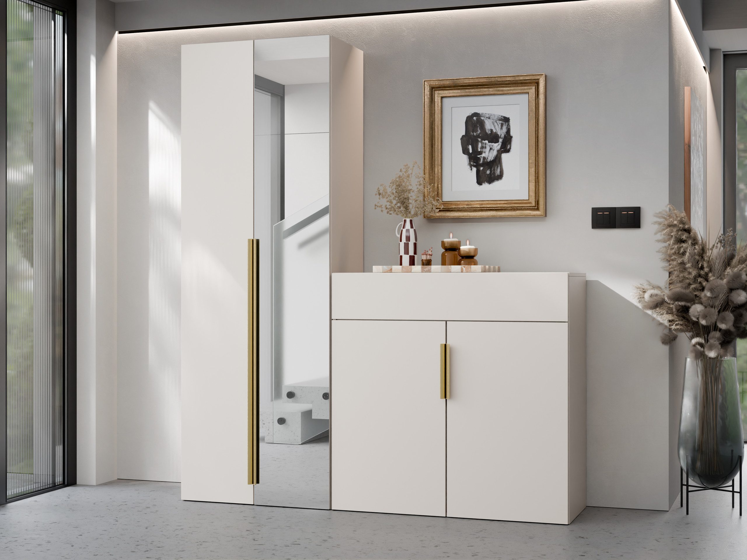 MIRJAN24 Garderoben-Set Kerkin II, (2er-Set, Kleiderschrank, Kommode), Frontspiegel, Metallgriffe in der Farbe Gold