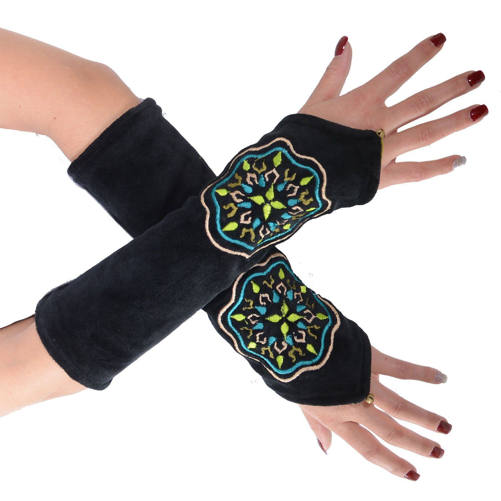 Armstulpen Muster" Armstulpen Boho MAGIE Handwärmer UND Samt Handschuhe Black Schwarz Stulpen / KUNST "Mandala