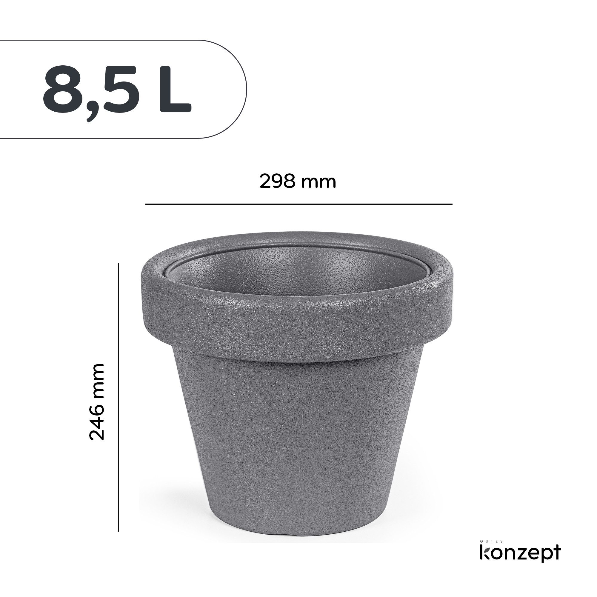 KONZEPT Übertopf aus Kunststoff in Steinoptik, Ø 30 cm, 8,5 L, Stein-Optik, Konische Form, Geprägtem Rand, 8,5 L
