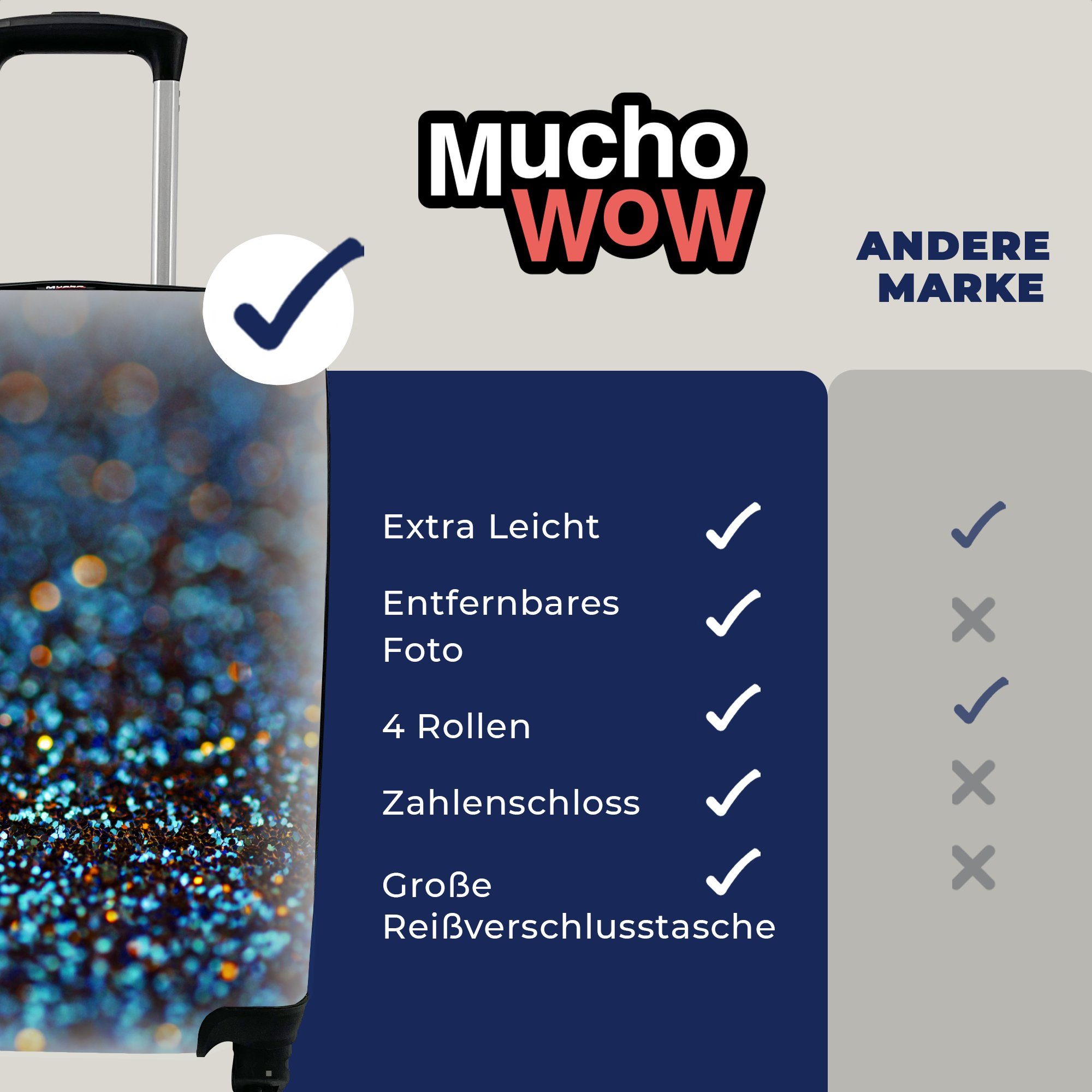 Handgepäckkoffer Reisetasche rollen, Reisekoffer mit für 4 Blau - - Glitter Rollen, Abstrakt Handgepäck Trolley, MuchoWow Design, Ferien, -