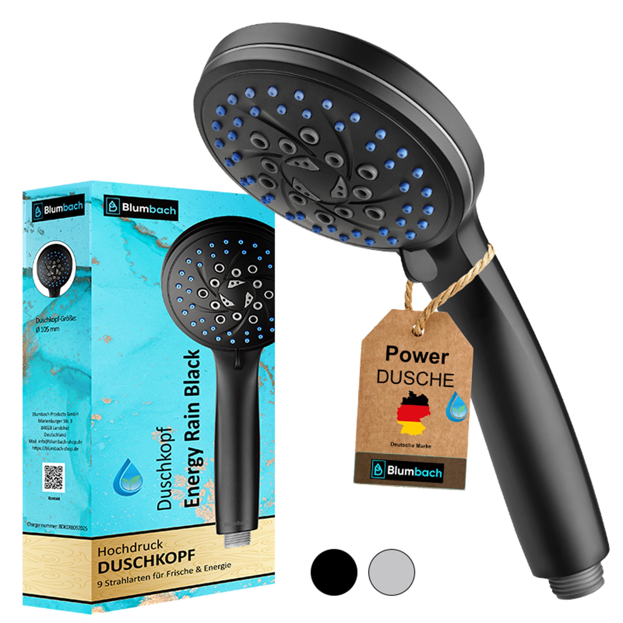 Blumbach Handbrause - Duschkopf Energy Rain, (Hochdruck Duschkopf wassersparend + druckerhöhend), mit 9 außergewöhnlichen Strahlarten