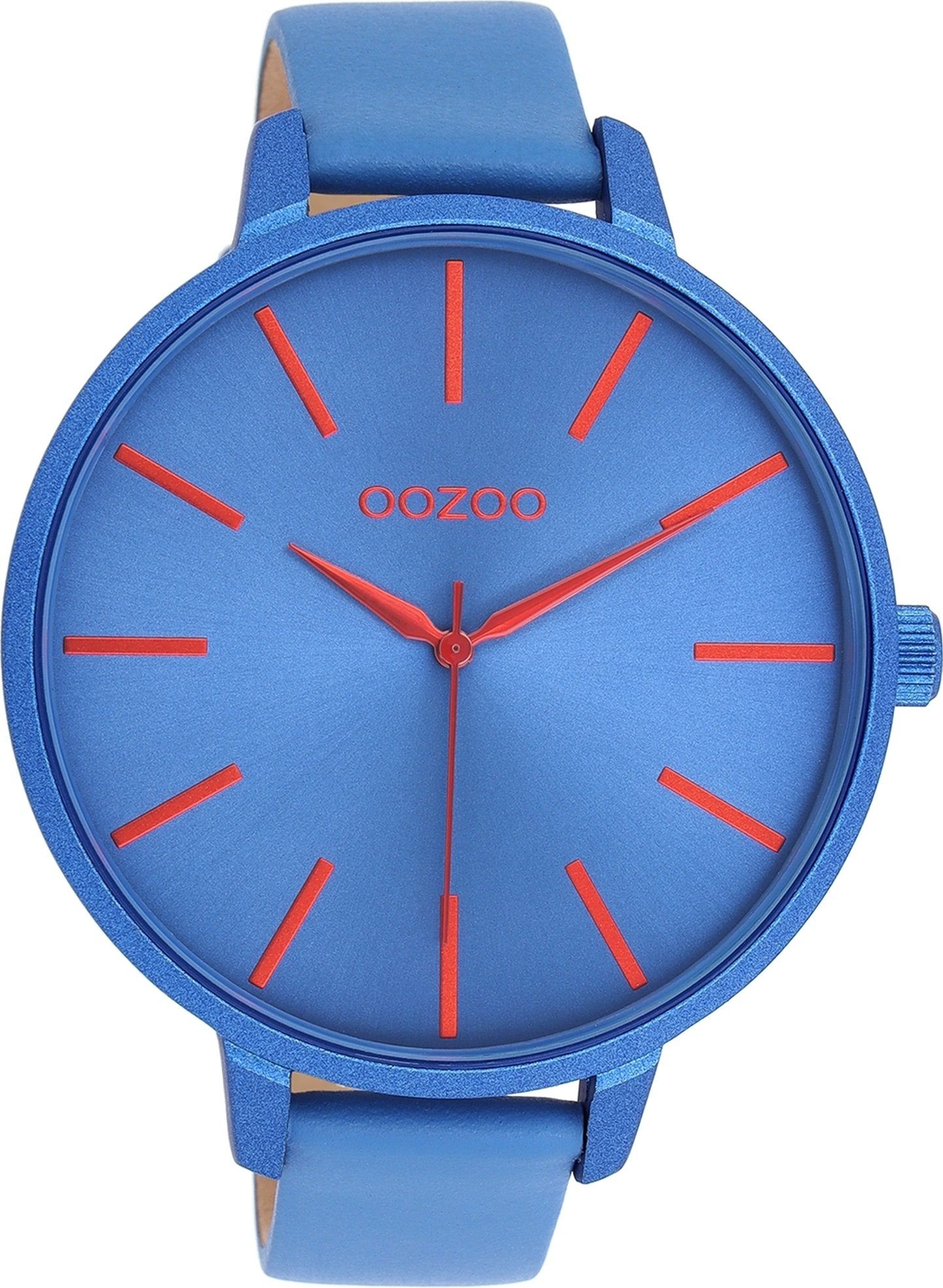 OOZOO Quarzuhr Oozoo Damen Armbanduhr Timepieces Analog, Damenuhr rund, extra groß (ca. 48mm), Lederarmband blau, Fashion