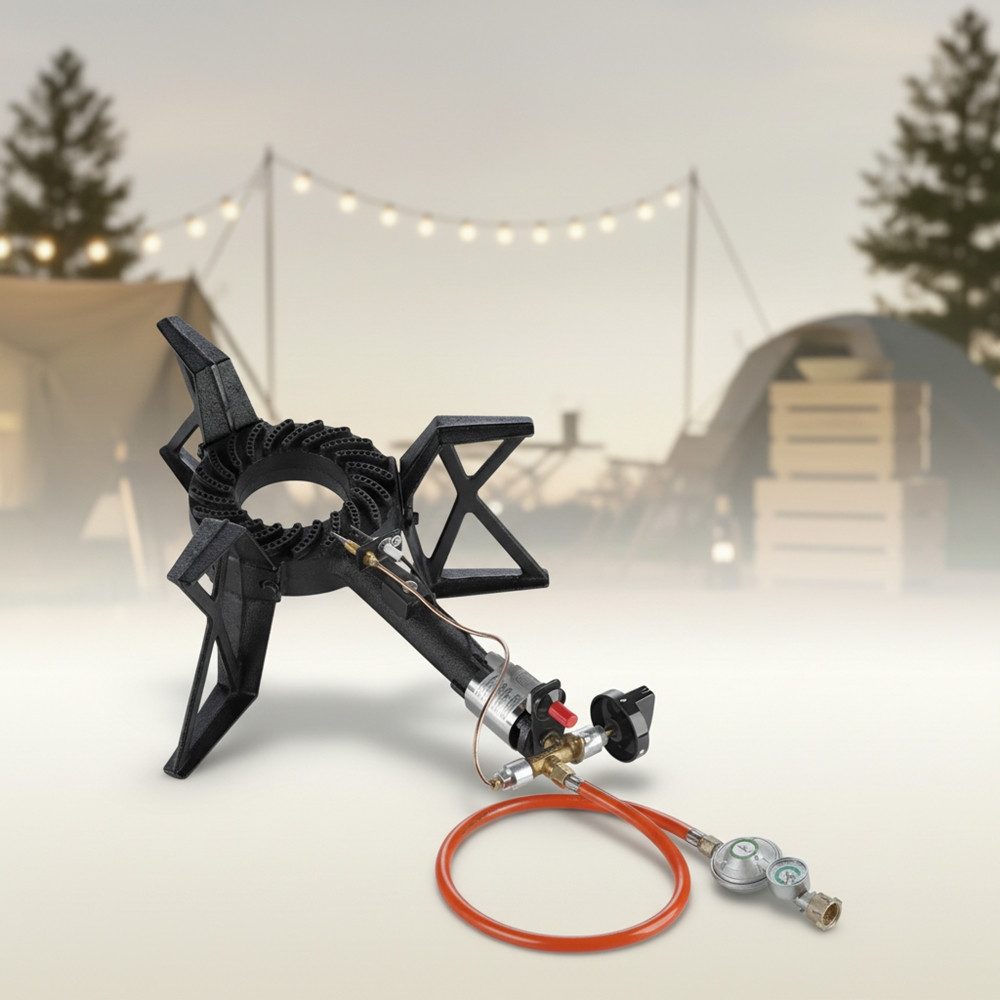 Mucola Gaskocher Hockerkocher Piezozündung 3 Bein + Gasschlauch Manometer, (Stück, 1-St., Premium-Gaskocher), regulierbar