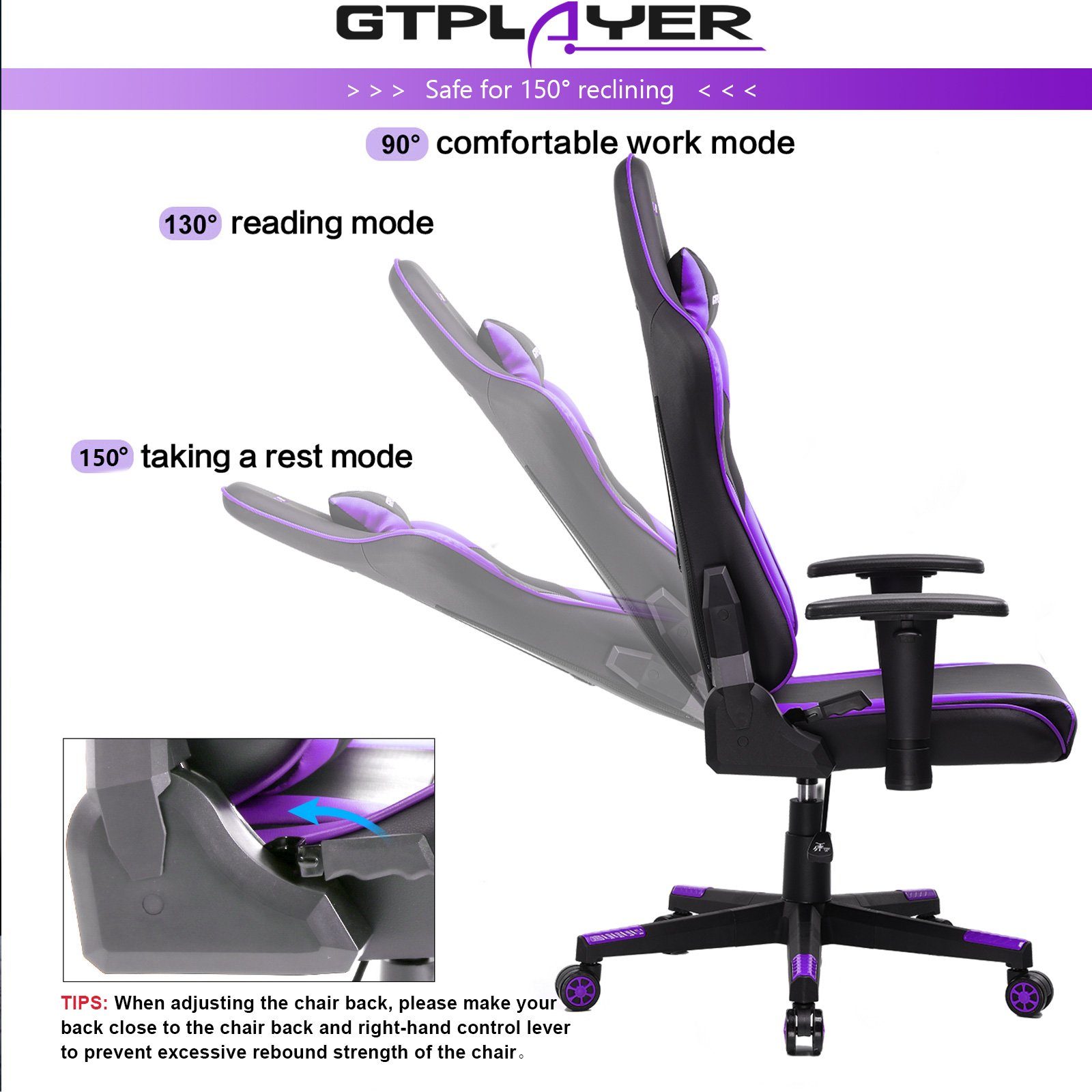 150 90°-165° Bürostuhl Stuhl, lila Gamer GTPLAYER Stuhl Gaming-Stuhl Neigungswinkel ergonomischer bis kg Gaming Sessel belastbar, Gaming