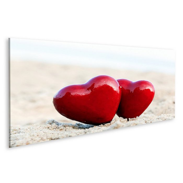 islandburner Leinwandbild Bild auf Leinwand Zwei rote Herzen am Strand symbolisieren die Liebe z