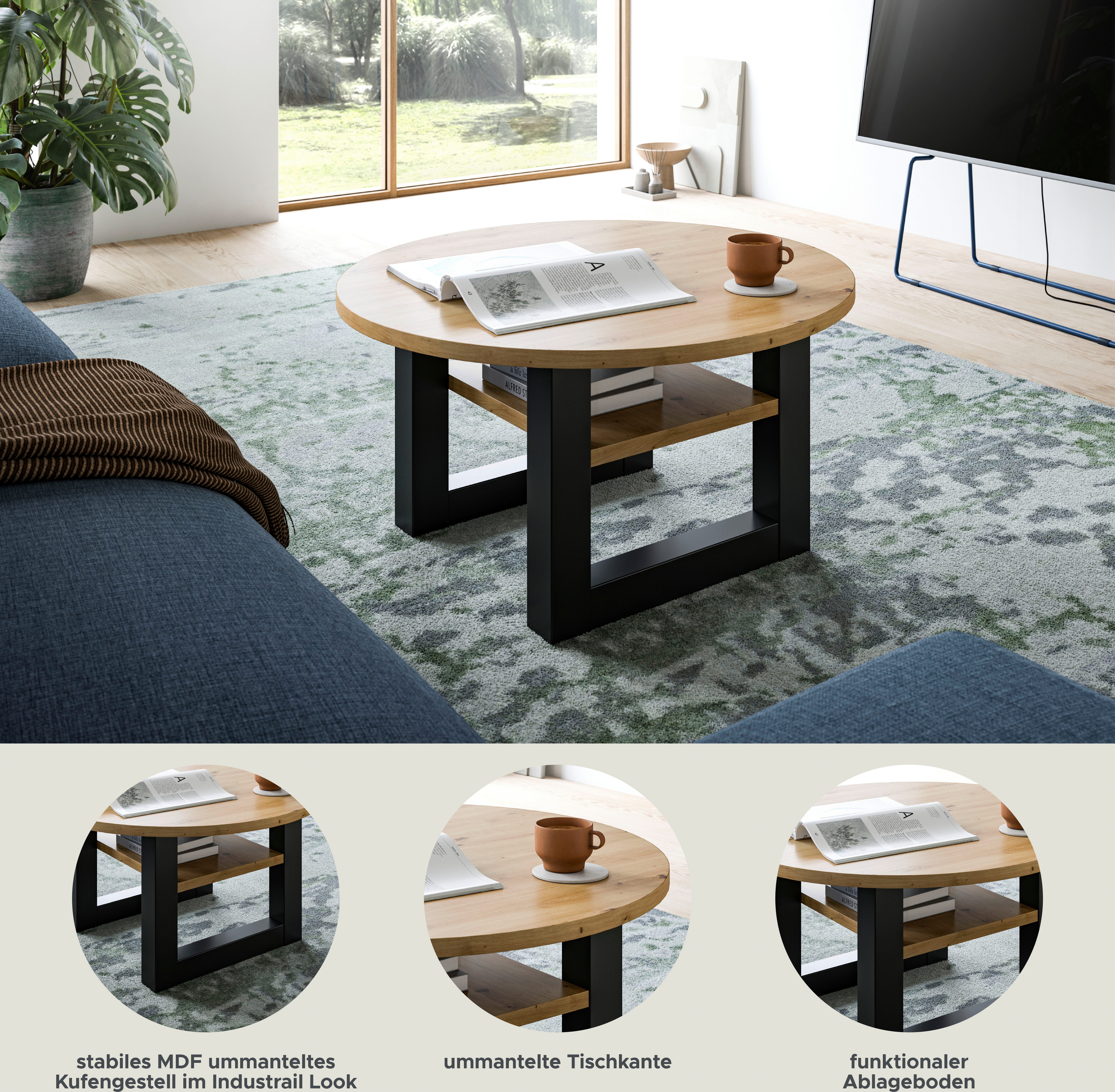 Home affaire Couchtisch Rail, Ø 75 cm, mit Ablageboden, inklusive Kufengestell, Wohnzimmertisch, Beistelltisch