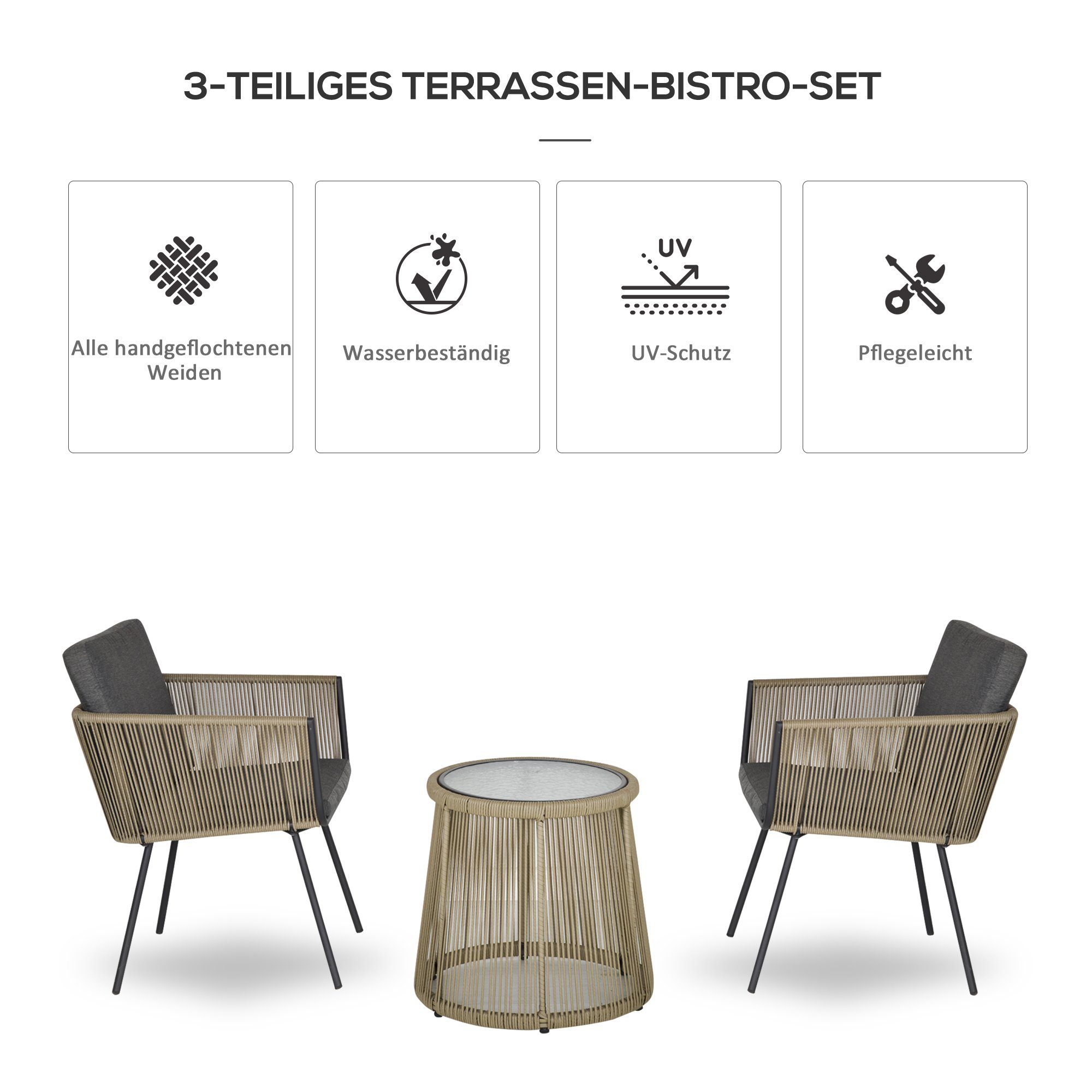 Outsunny Gartenlounge-Set Rattan Gartenmöbel-Set mit 2 Gartenstühle, Beistelltisch, (Sitzgruppe, 3-tlg., Gartengarnitur), für Balkon, Stahl, Grau