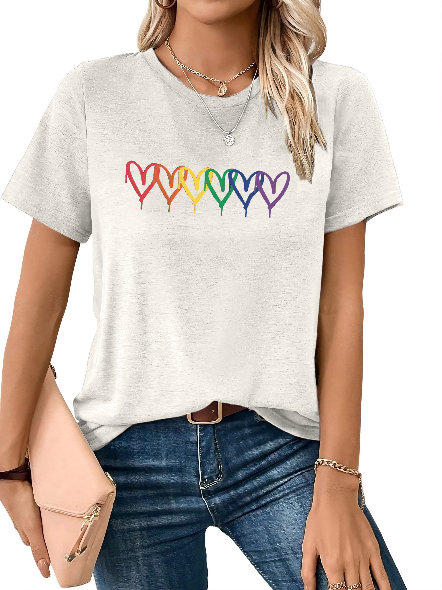 Kurzarmshirt Damen Casual bequemes t shirt mit Regenbogenherzen Print-Shirt