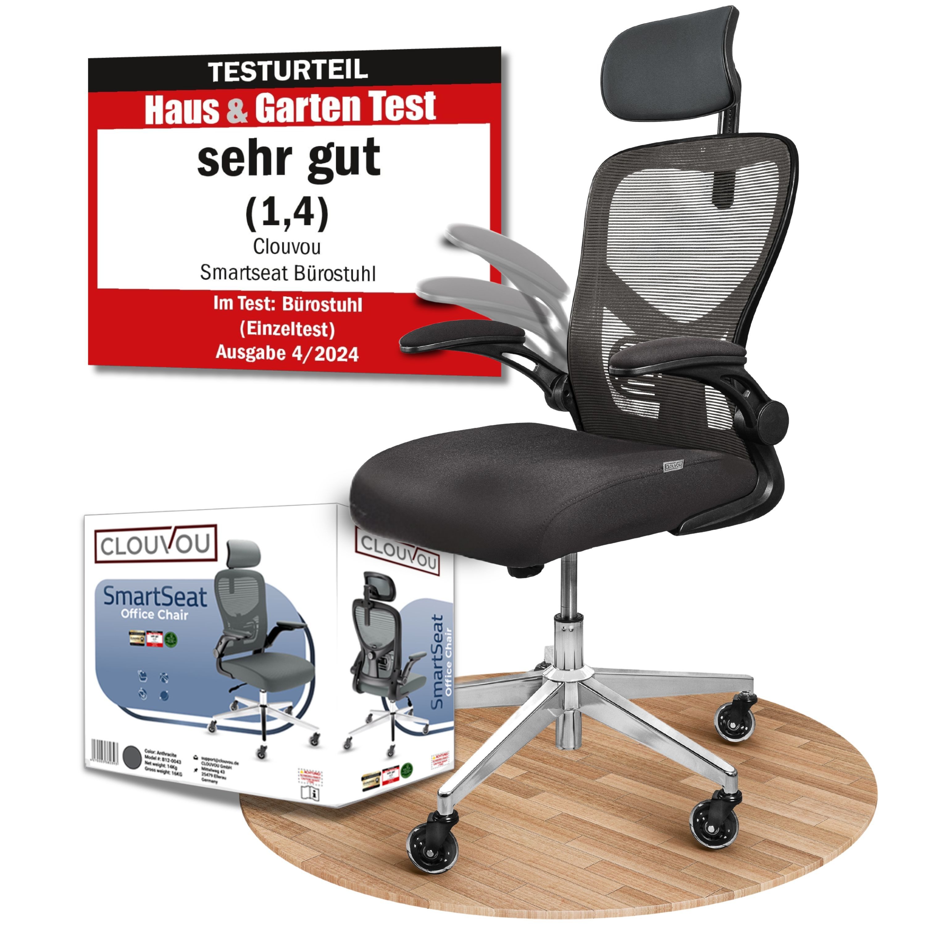 CLOUVOU Bürostuhl Ergonomisch, Schreibtischstuhl bis 150 kg - Testsieger (SmartSeat - Chefsessel für Arbeitszimmer, 3D-Kopfstütze & Flip-Up Armlehnen), Blade Wheels, Homeoffice, Gaming Stuhl, Drehstuhl