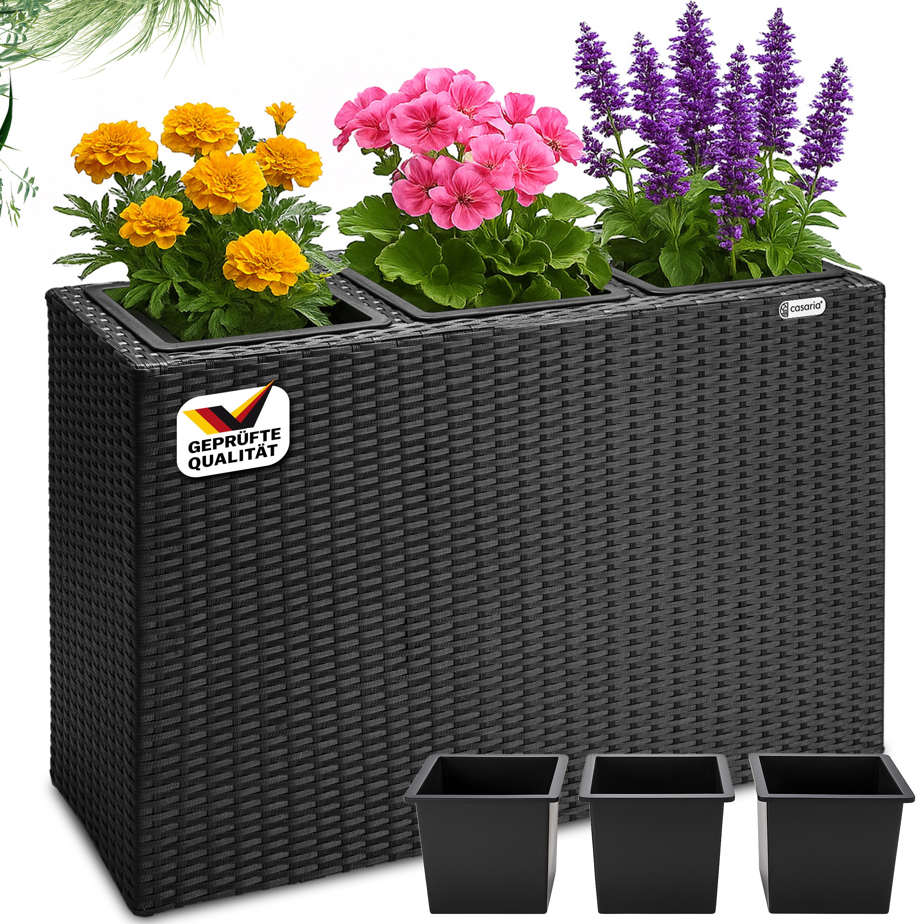 Casaria Pflanzkübel, 3 Innentöpfe Herausnehmbar Polyrattan 83x30,5x60cm Blumentopf Schwarz