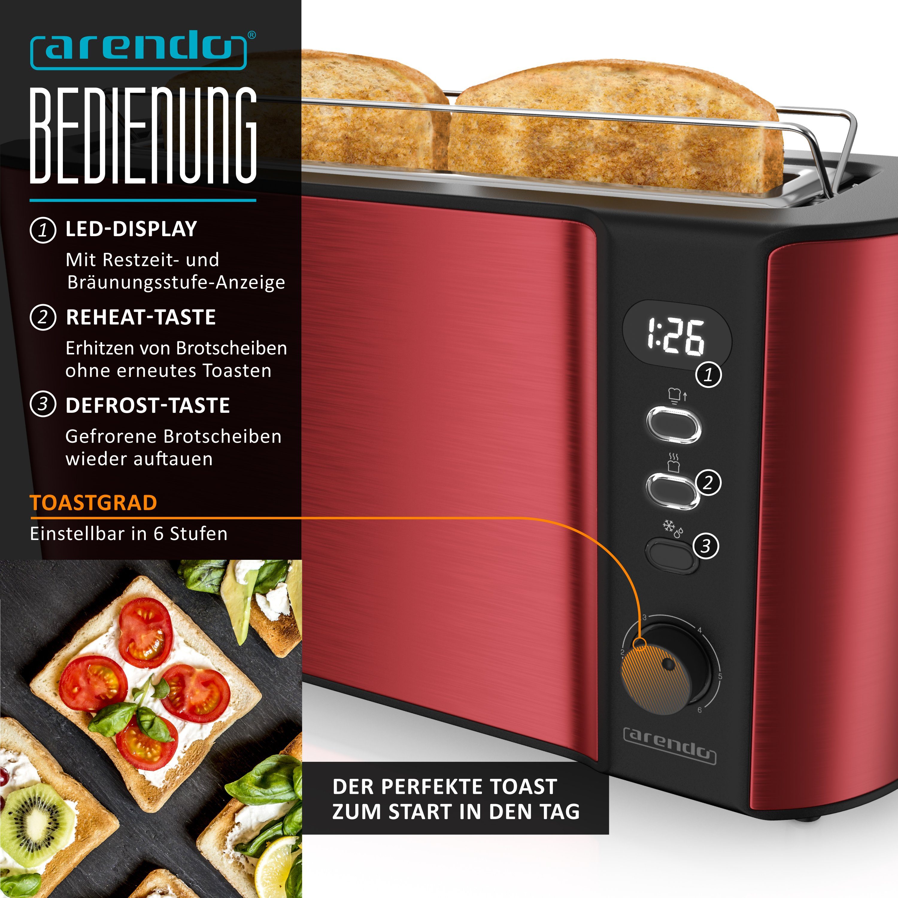 Arendo Frühstücks-Set Wasserkocher 1,5l & 2-Scheiben Langschlitz Toaster, Edelstahl, Rot (2-tlg), Wasserkocher mit Temperaturwahl, Toaster mit Brötchenaufsatz – Bild 5 von 5