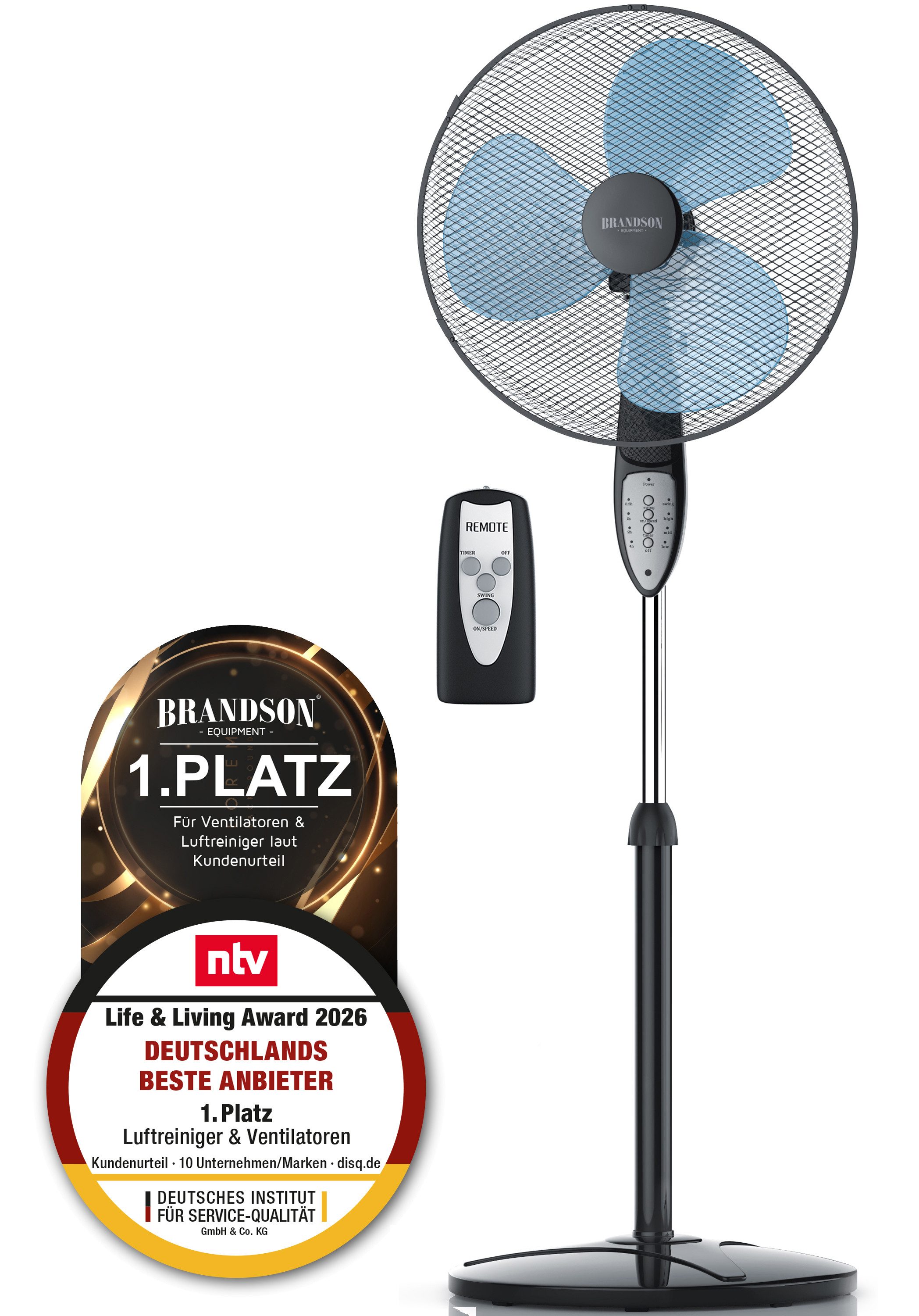 Brandson Standventilator Standlüfter mit Fernbedienung, Neigbar 30°, NTV Sieger 2026, 50W, 42 cm Durchmesser, Oszillation 80° mobiler Lüfter, 3 Geschwindigkeitsstufen, GS-Geprüft