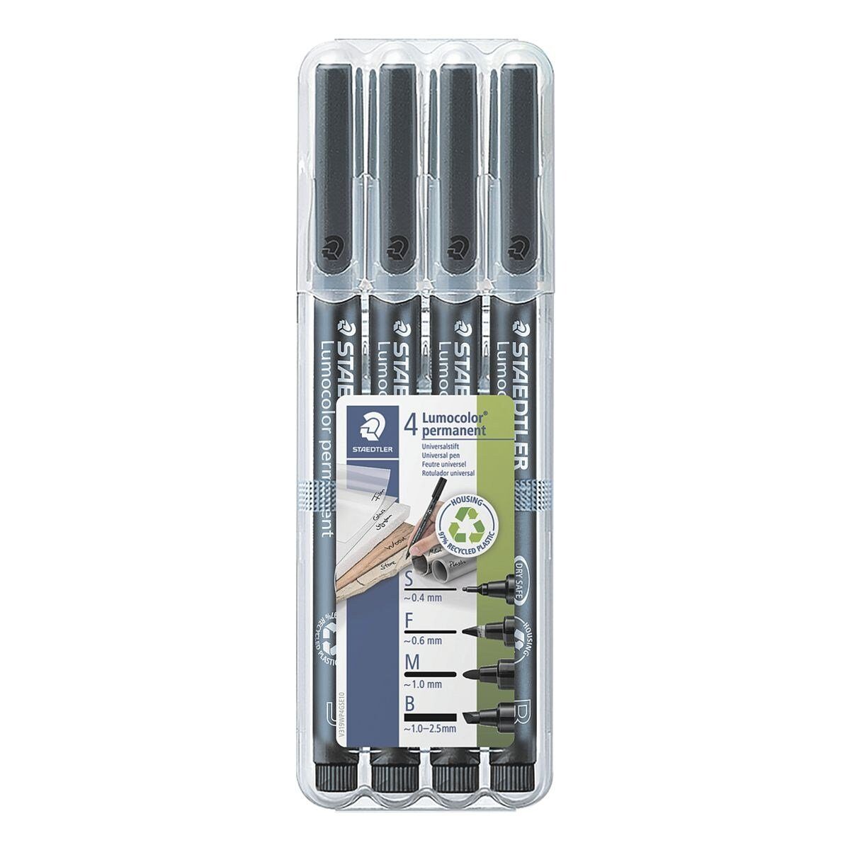 STAEDTLER Permanentmarker Lumocolor permanent, (4-tlg), mit unterschiedlichen Strichstärken, inkl. Aufstellbox