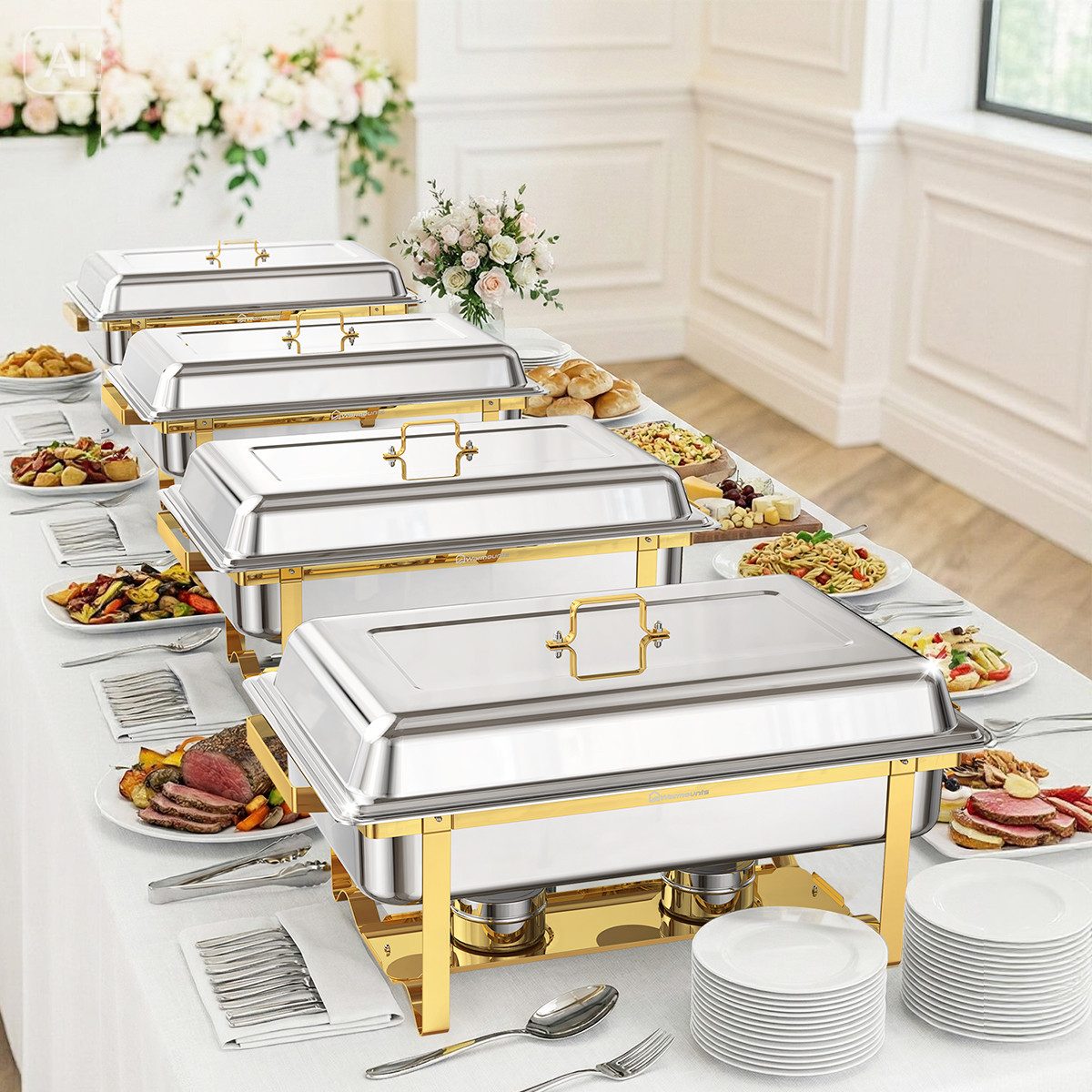 Warmounts Speisenwärmer, (4-tlg., 10L Buffetwärmer Chafing Dish Buffet Warmhalter-Set Edelstahl), GN 1/1, stapelbar, mit Deckelhalter für Catering & Events