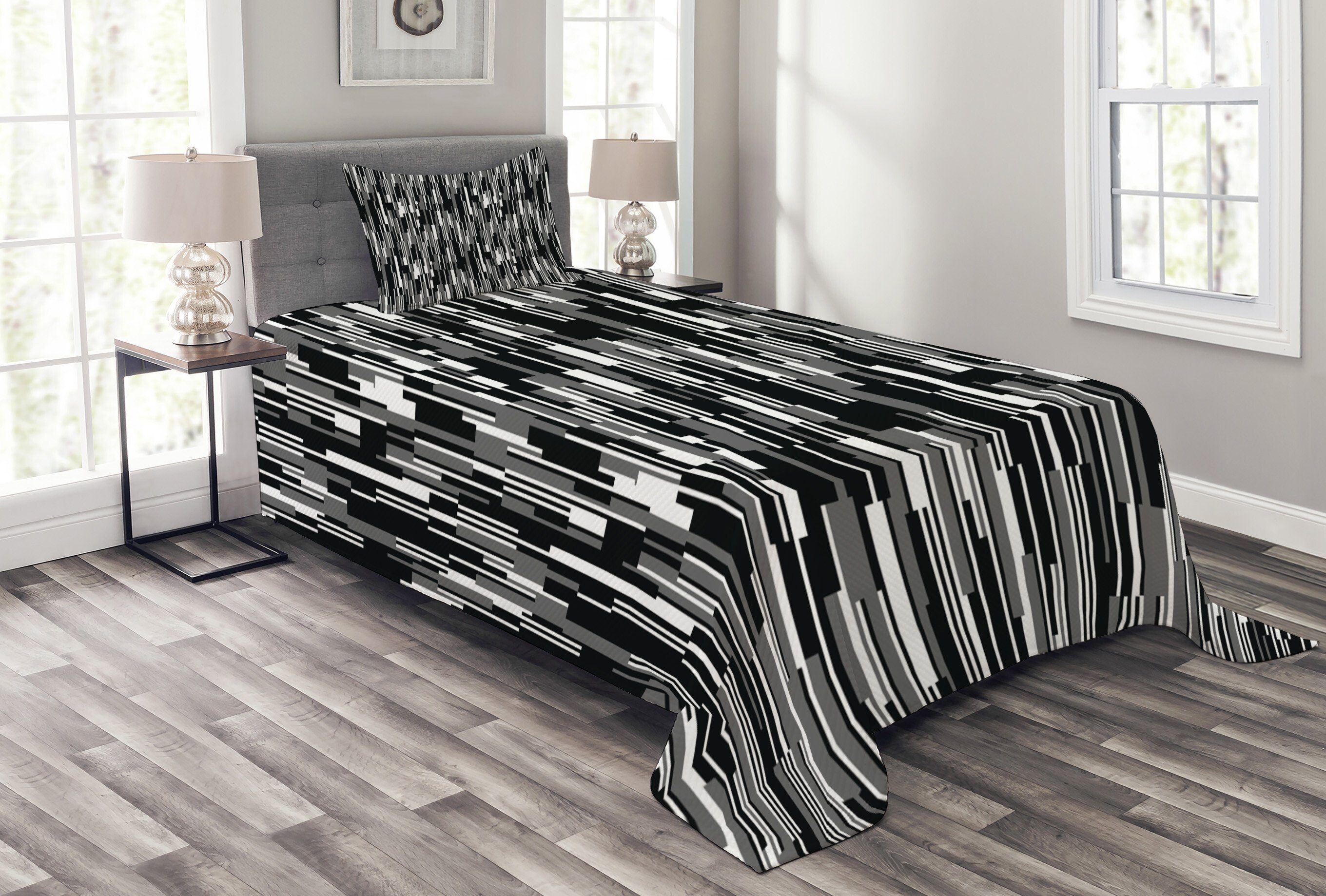 Tagesdecke Set mit Kissenbezügen Waschbar, Abakuhaus, Schwarz und weiß abstrakte Linien
