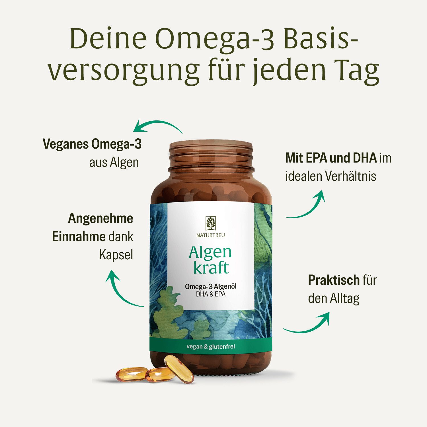Naturtreu Algenkraft Hartkapseln, 1 er 60 St., 34.5 g, Durchdachte Entwicklung, Vegan, Laborgeprüft, Hochwertige Inhaltstoffe