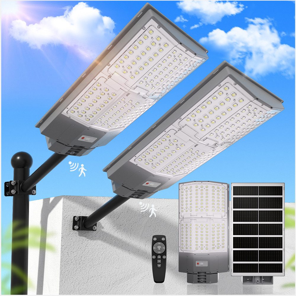 Rhein Beleuchtung LED Solarleuchte 2000W Solarlampen für Außen – Außenlampe mit Bewegungsmelder Spotlight, außenlampe, LED fest integriert, Tageslichtweiß, Timer & 240° Lichtwinkel – LED Strahler mit Bewegungsmelder Außen IP67