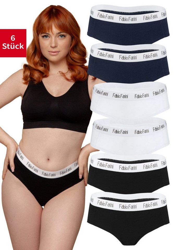 Fabio Farini Slip Damen Unterhosen - Frauen Hipster Panties aus elastischer  Baumwolle (Packung, 6-St) im sportlich modernen Look mit Logo-Bund