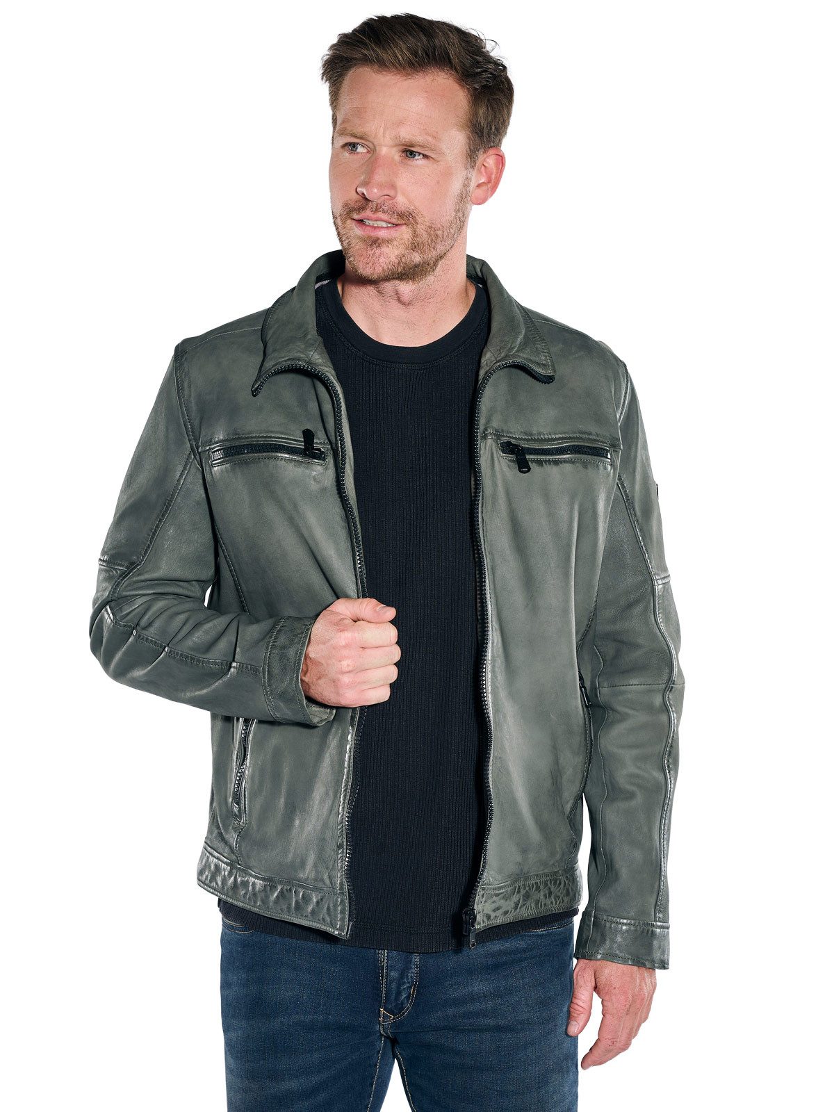 Engbers Lederjacke Herren Lederjacke aus Lammleder mit abnehmbarer Blende, Oliv
