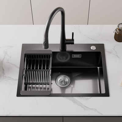 CECIPA Küchenspüle Edelstahlspüle Schwarz spüle 60*45*18cm Spüle, Rechteck, 45/18 cm, Aufsatzspüle, Zwei Installationsmethoden