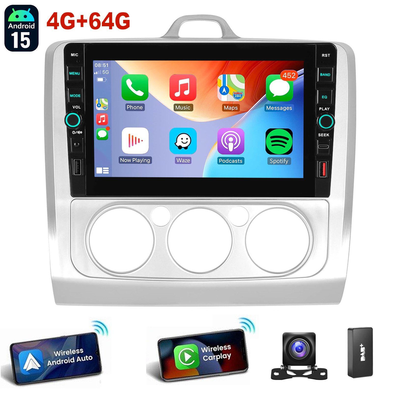 ESSGOO Für Ford Focus II MK2 2004-2011 Android 15 Carplay Autoradio GPS Navi Autoradio (RDS, 4+64GB(optional), Digitalradio (DAB), USB- und Type-C, DAB+ (optional), Apple Carplay Android Auto GPS Navi WIFI BT EQ mit USB- und Type-C)