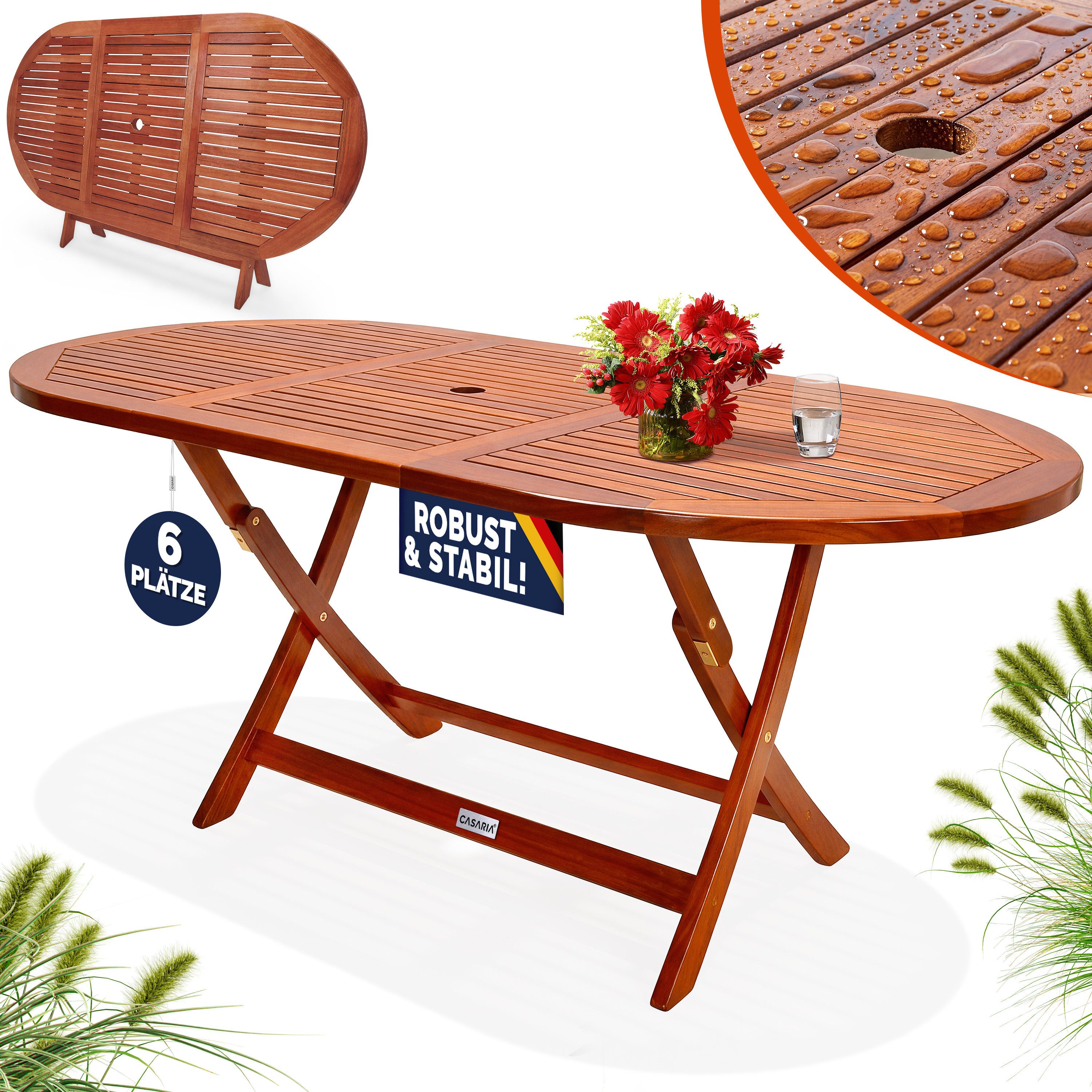 Casaria Gartentisch Alabama (1-St), Klappbar FSC®-zertifiziert Akazie Schirmständer 80kg Belastbar Garten