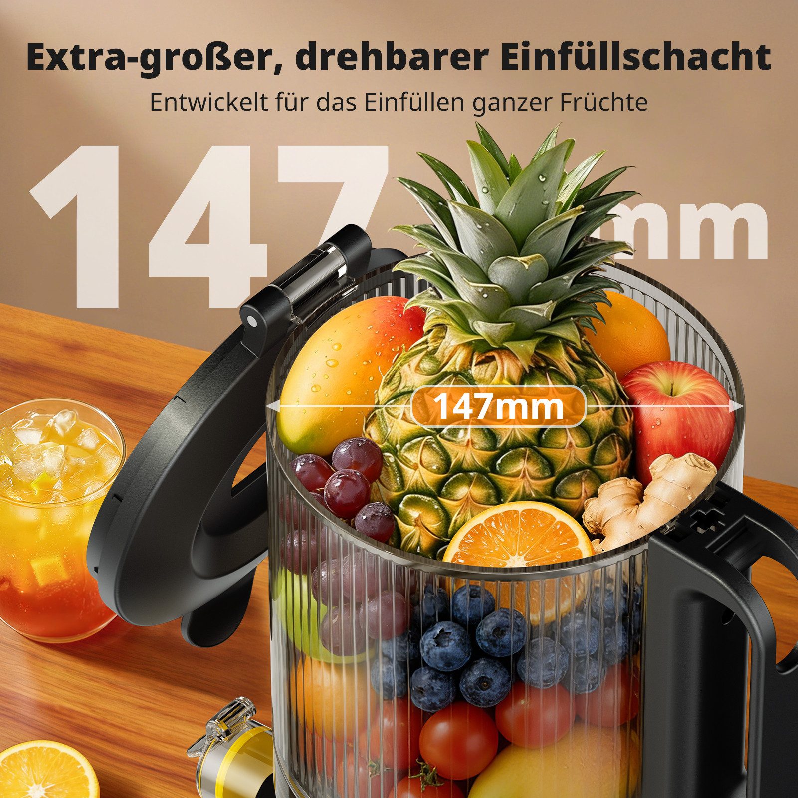 Airmsen Slow Juicer mit 147MM Extra Großem Einfüllschacht, Entsafter Gemüse und Obst, 300 W, Leicht zu Reinigen, Hohe Saftausbeute