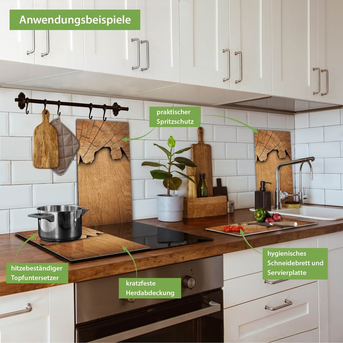 banjado Herd-Abdeckplatte zweiteilig aus Glas mit Motiv Holz, (gehärtet, 2 tlg., inkl. selbstklebende Gummifüßchen)