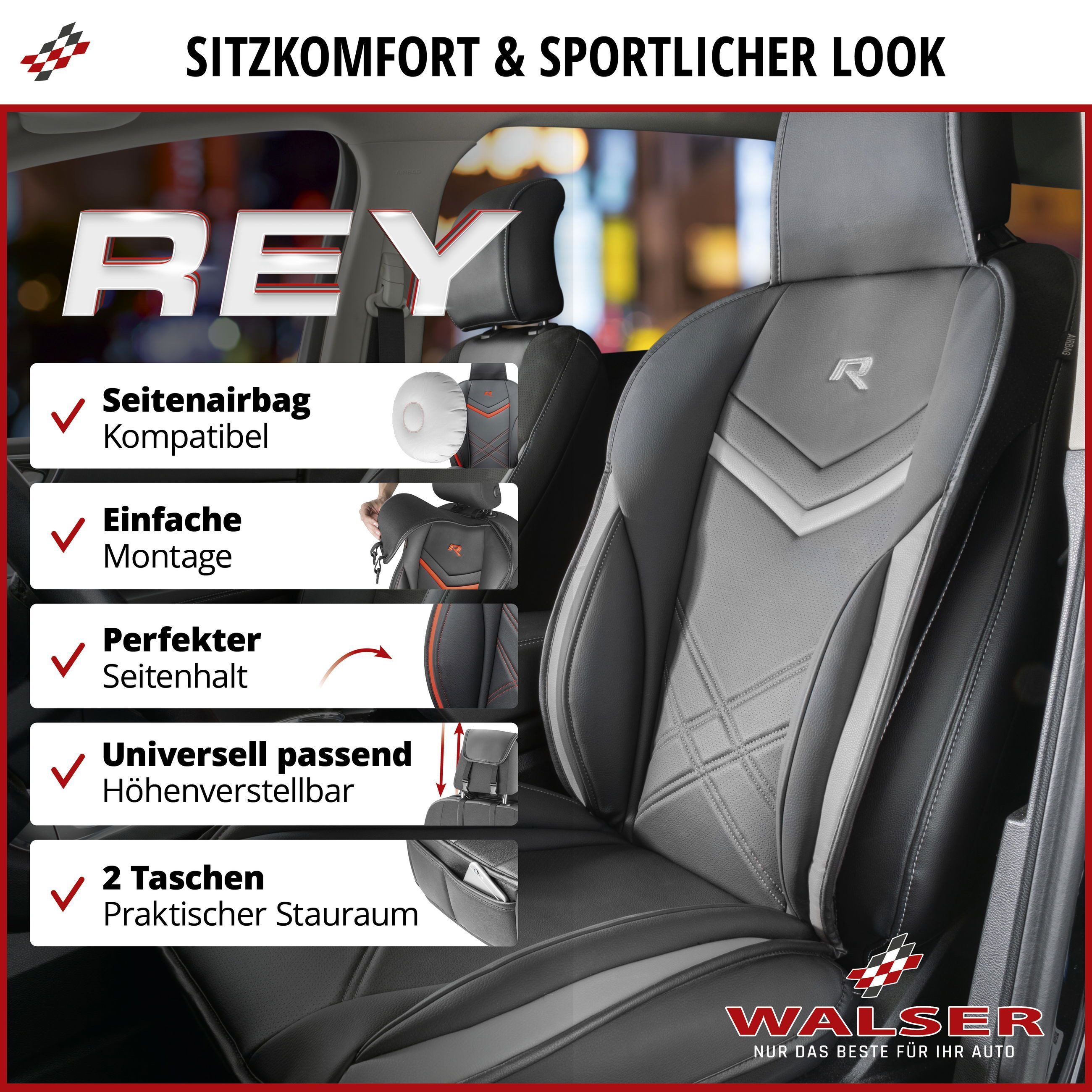 WALSER Autositzauflage Sitzaufleger Rey, 1 Stück, 1-tlg.