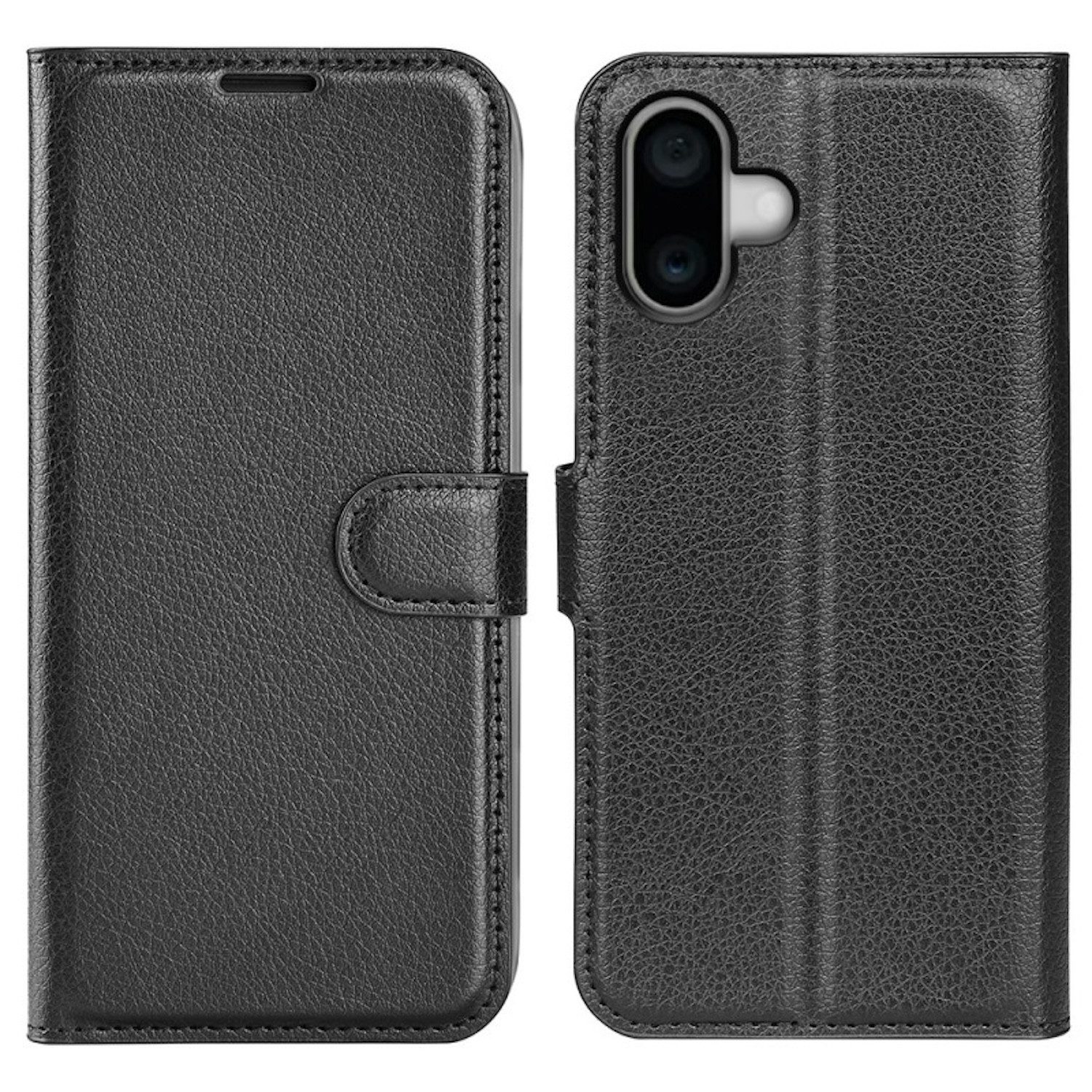 Wigento Smartphone-Hülle Für Apple iPhone 16 Kunstleder Book Wallet Tasche Case Hülle Schwarz, Kunstleder Book Wallet Hülle mit Magnetverschluss