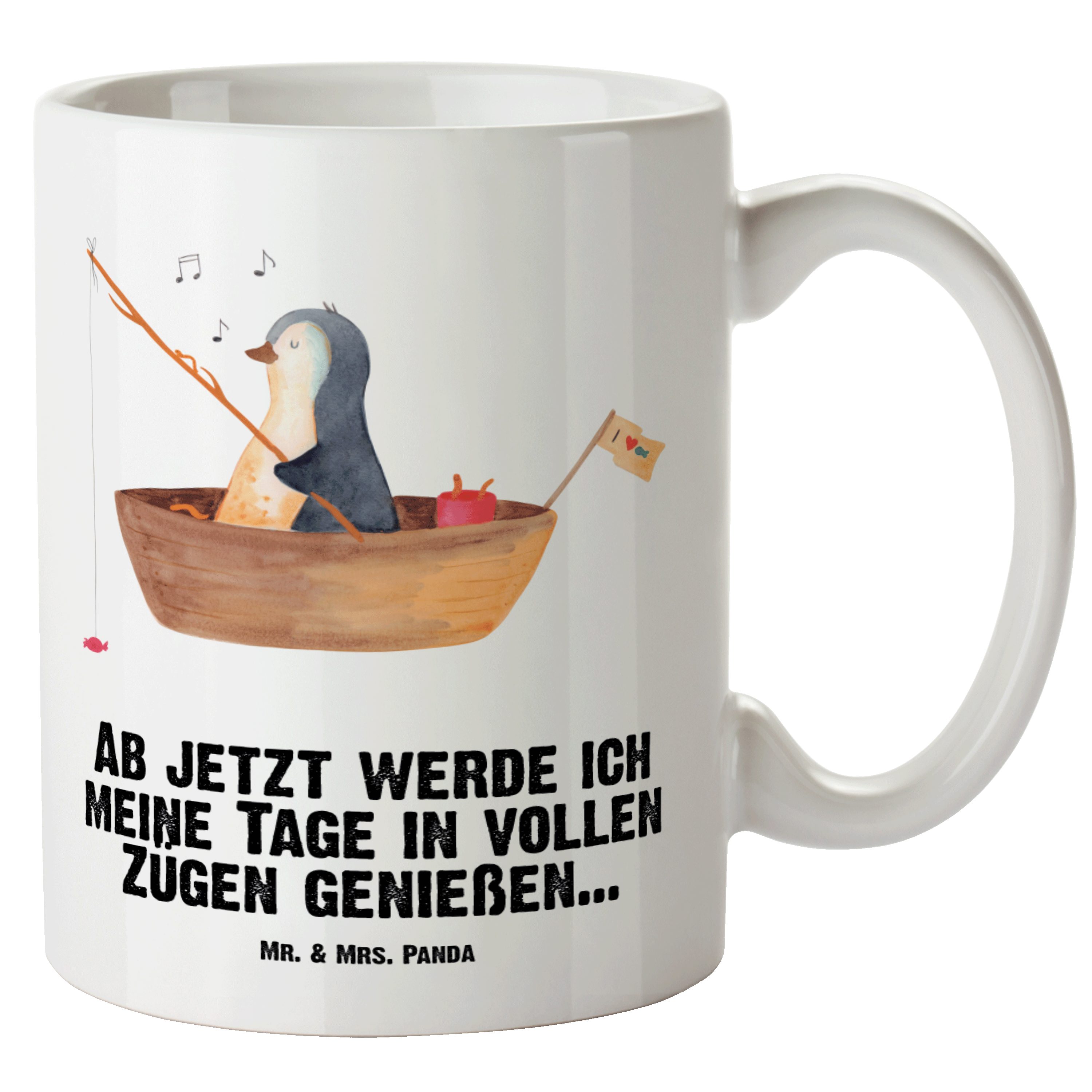 Mr. & Mrs. Panda Tasse Pinguin Angelboot - Weiß - Geschenk, XL Becher, Lebenslust, Angeln, G, XL Tasse Keramik