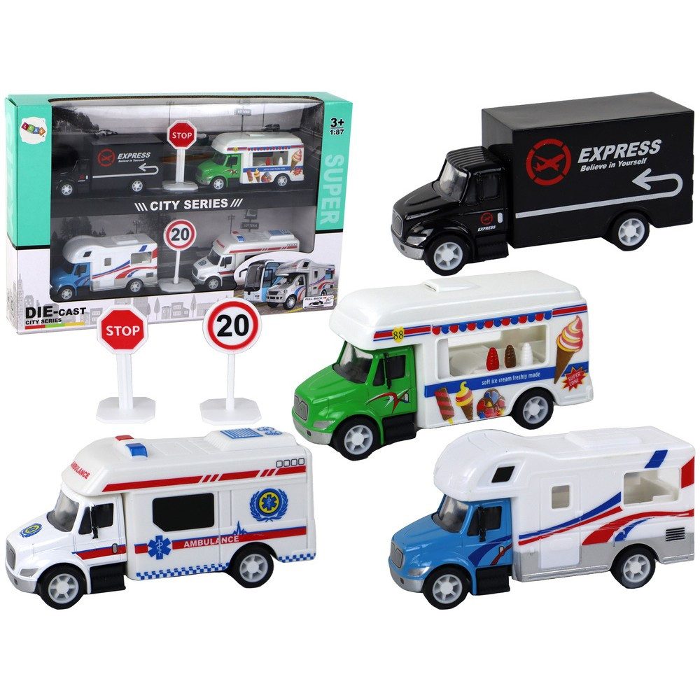 LEAN TOYS Spielzeug-Auto Fahrzeugset Modellautos Miniaturfahrzeuge, (Spar-Set, 4-tlg., 1:87 detailgetreu), Friktionsantrieb, Maßstab 1:87, 4 Fahrzeuge, Schilder
