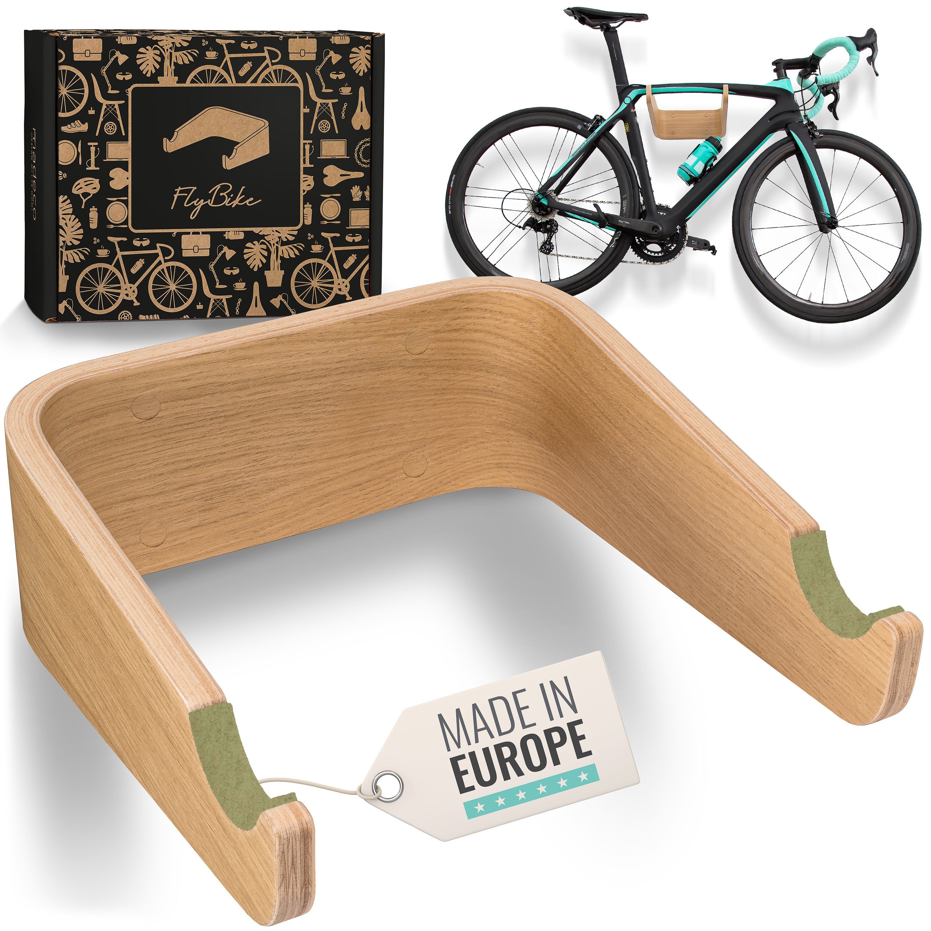 madeco Fahrradwandhalterung FlyBike Fahrrad Wandhalterung Holz - Design Fahrradhalter für Wohnung (mit Fischer Dübeln und Wollfilz Rahmenschutz), für Rennrad, Gravelbike, Mountainbike, Fixie