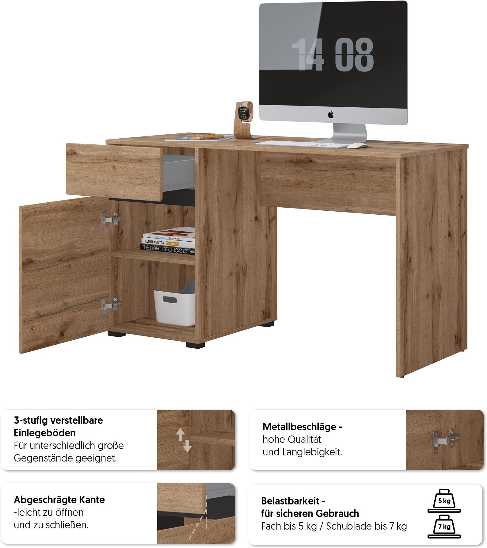 OTTO home Schreibtisch Cross, Breite 130 cm, praktischer Computertisch, Bürotisch mit 1 Schublade und Tür, Tischplatte mit Kabeldurchführung