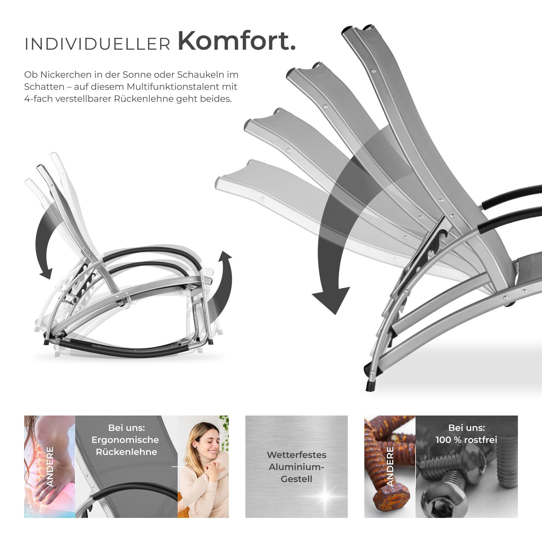 tectake Gartenliege Sonnenliege, 2 in 1 Funktion, verstellbare Rückenlehne, wetterfest, Multifunktionsliege Avignon, 2 St., in anthrazit, wasserabweisend, luftdurchlässig, rutschfest, Belastbarkeit 120 kg