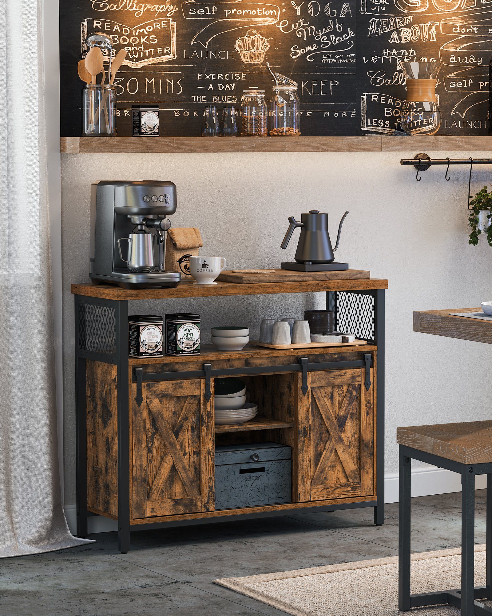 VASAGLE Sideboard Küchenschrank, mit 2 Schiebetüren, Ablagen Vintagebraun-Schwarz verstellbare