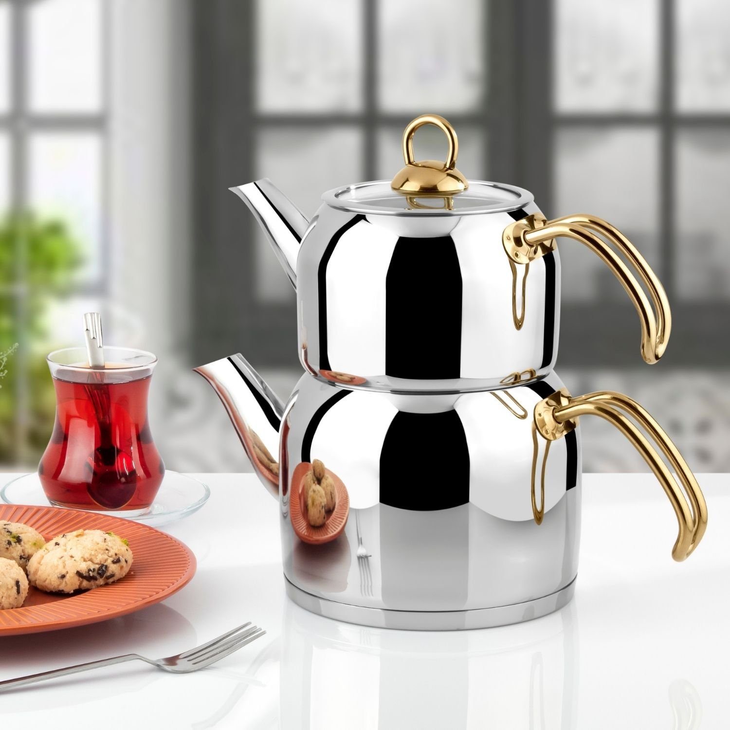 Uzman Teekanne Teekanne Türkische Tea Pot 3,9 Liter Silber Gold Teekocher, (1-St)
