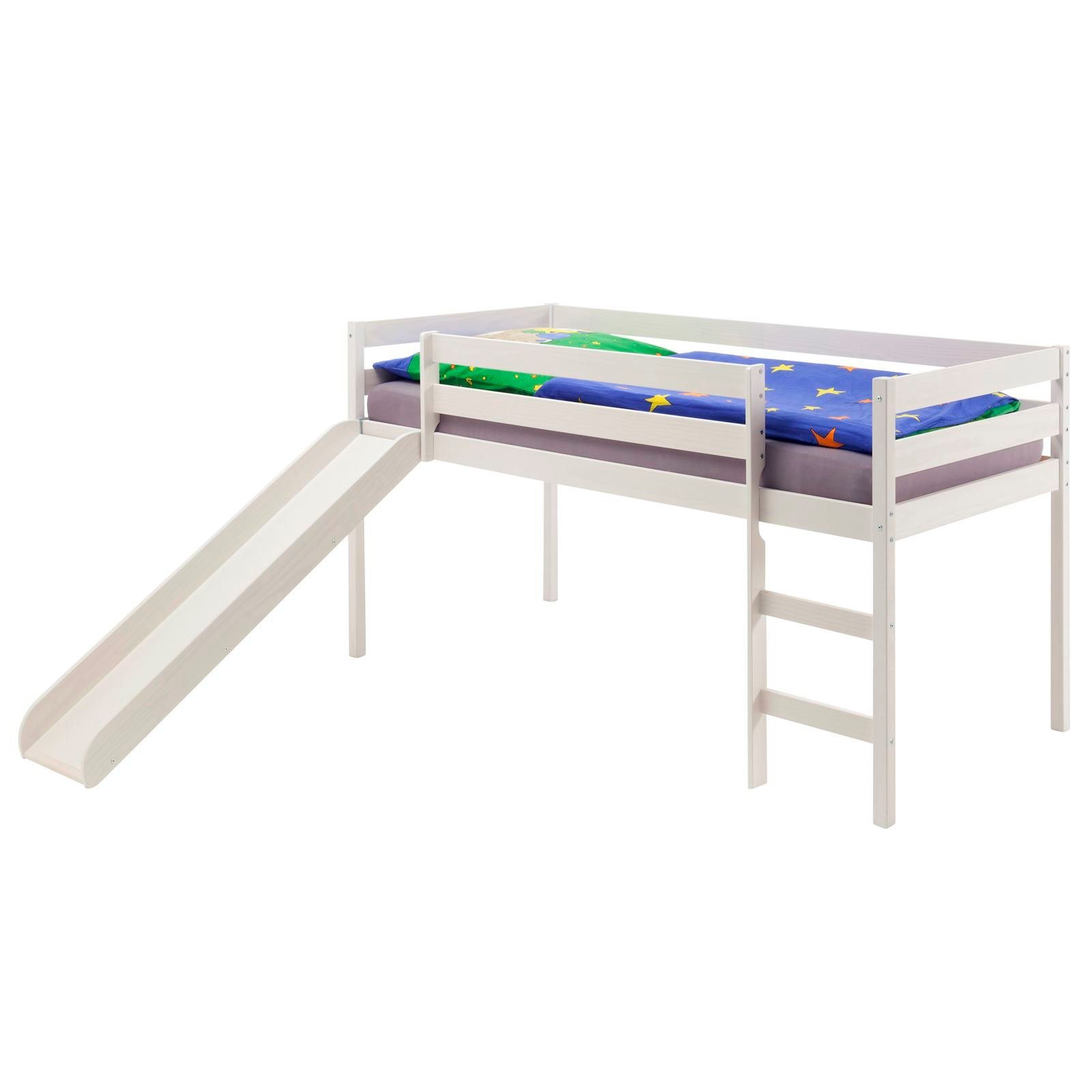 IDIMEX Hochbett BENNY Hochbett mit Rutsche Spielbett Bett Kiefer massiv weiss lackiert 90 x weiß