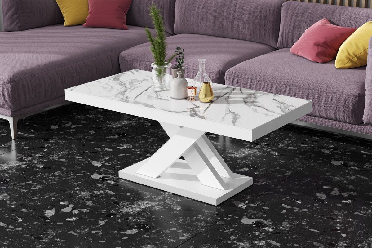 designimpex Couchtisch Design XLU-888 Marmor Natur - Weiß Hochglanz Tisch Wohnzimmertisch Marmor Natur Hochglanz - Weiß Hochglanz