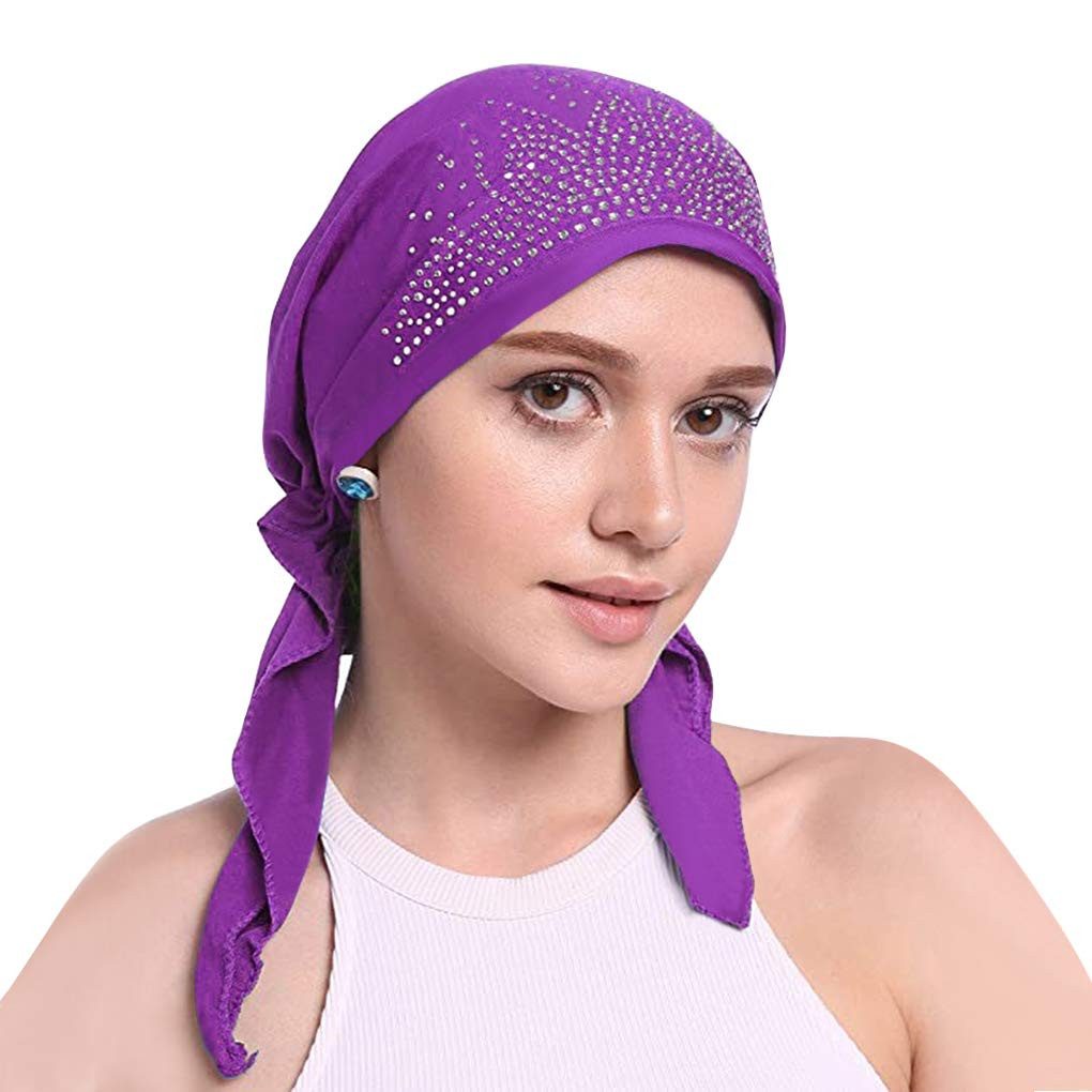 nsihing Haarband Strass Falten Bandana Damen dehnbare Beanie-Mütze Turban-Cap, Elastisches Slouch Skull-Cap Ethnischer Kopfwickel