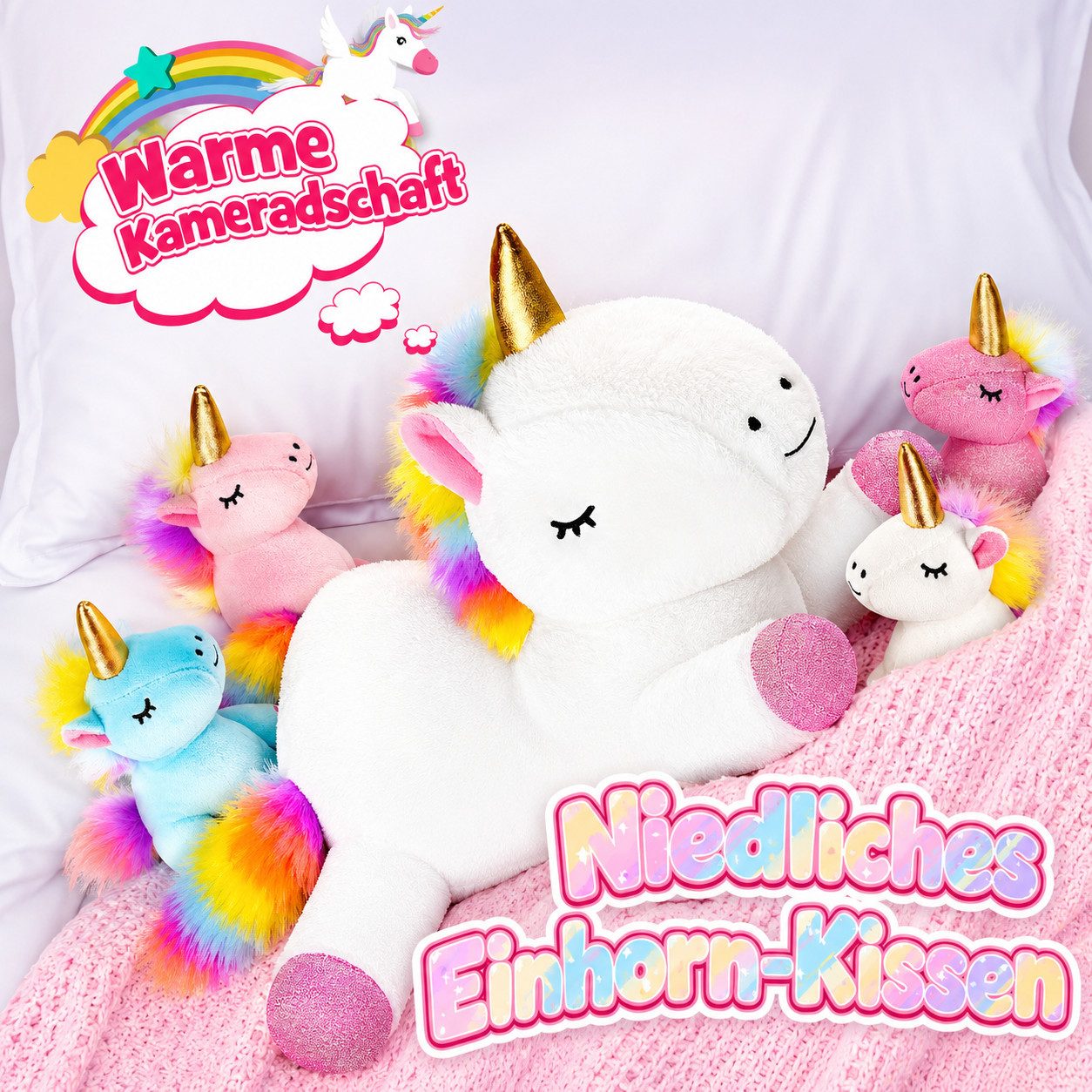 Wootoy Kuscheltier Plüsch-Einhorn mit Baby-Einhörnern Kuscheltier Set mit Reißverschluss (mit 4 versteckten Baby-Einhörnern im Reißverschluss-Design, 5-St., Weiches Material mit angenehmer Baumwollfüllung), ideal für unterwegs Reisen und verschiedene Orte