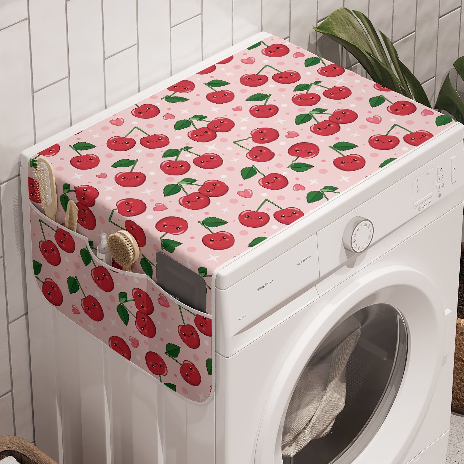 Abakuhaus Badorganizer Anti-Rutsch-Stoffabdeckung für Waschmaschine und Trockner, Obst Lustige Kawaii Kirschen Entwurf